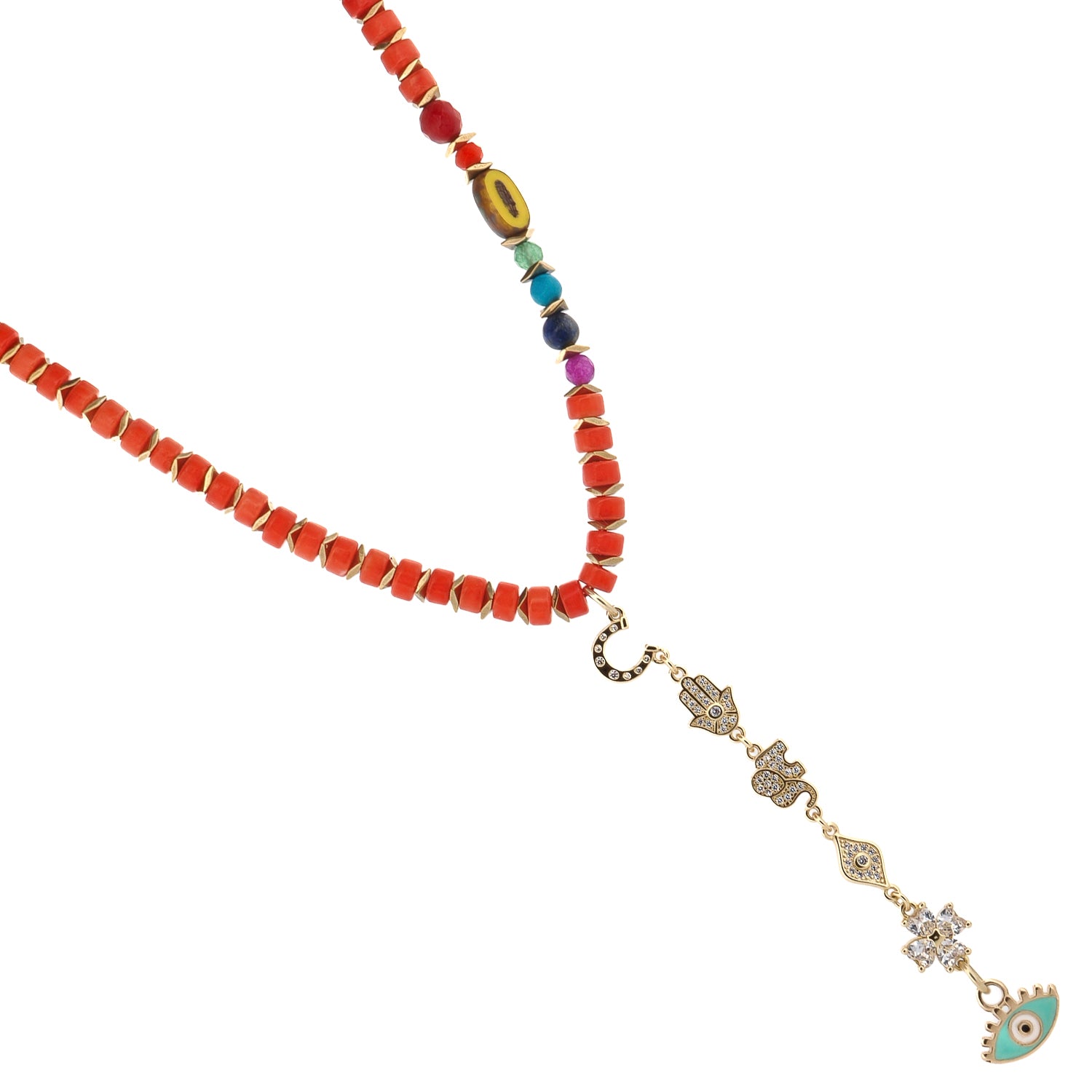 Sacred Harmony Coral & Evil Eye Necklace