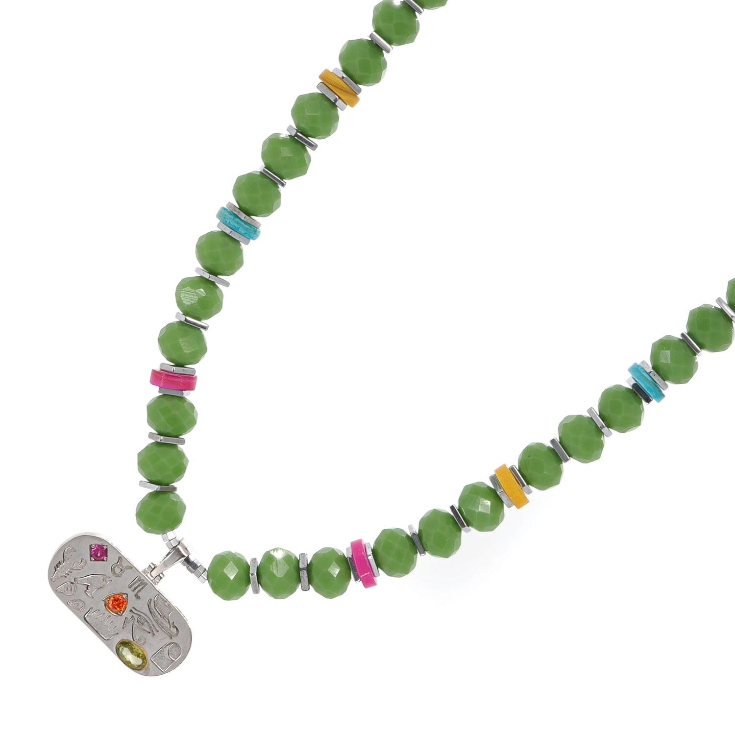 Handmade Sacred Symbols Choker Necklace with Vibrant Green Crystal Beads and Sterling Silver Pendant