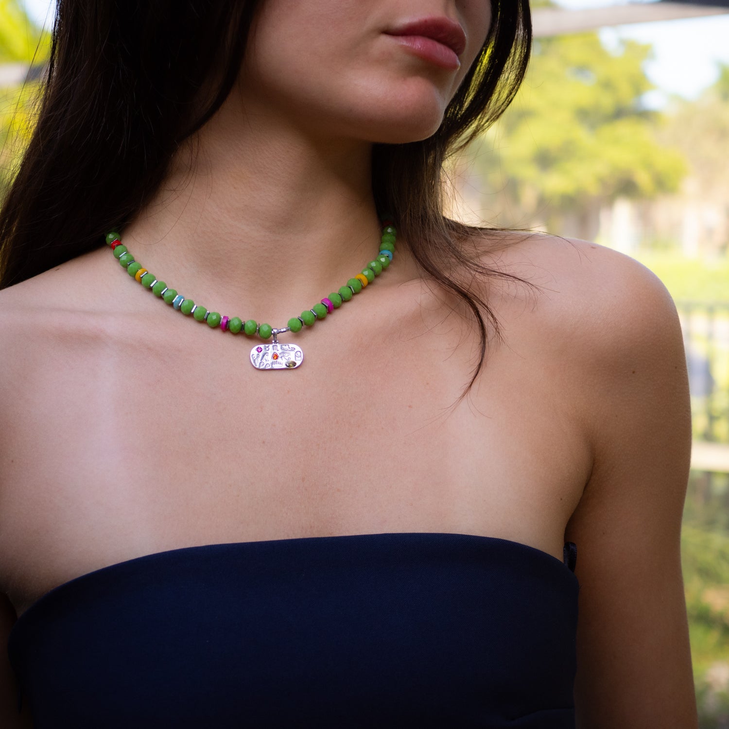 Colorful Protection Choker Necklace with Sterling Silver Pendant and Ruby, Emerald Gemstones