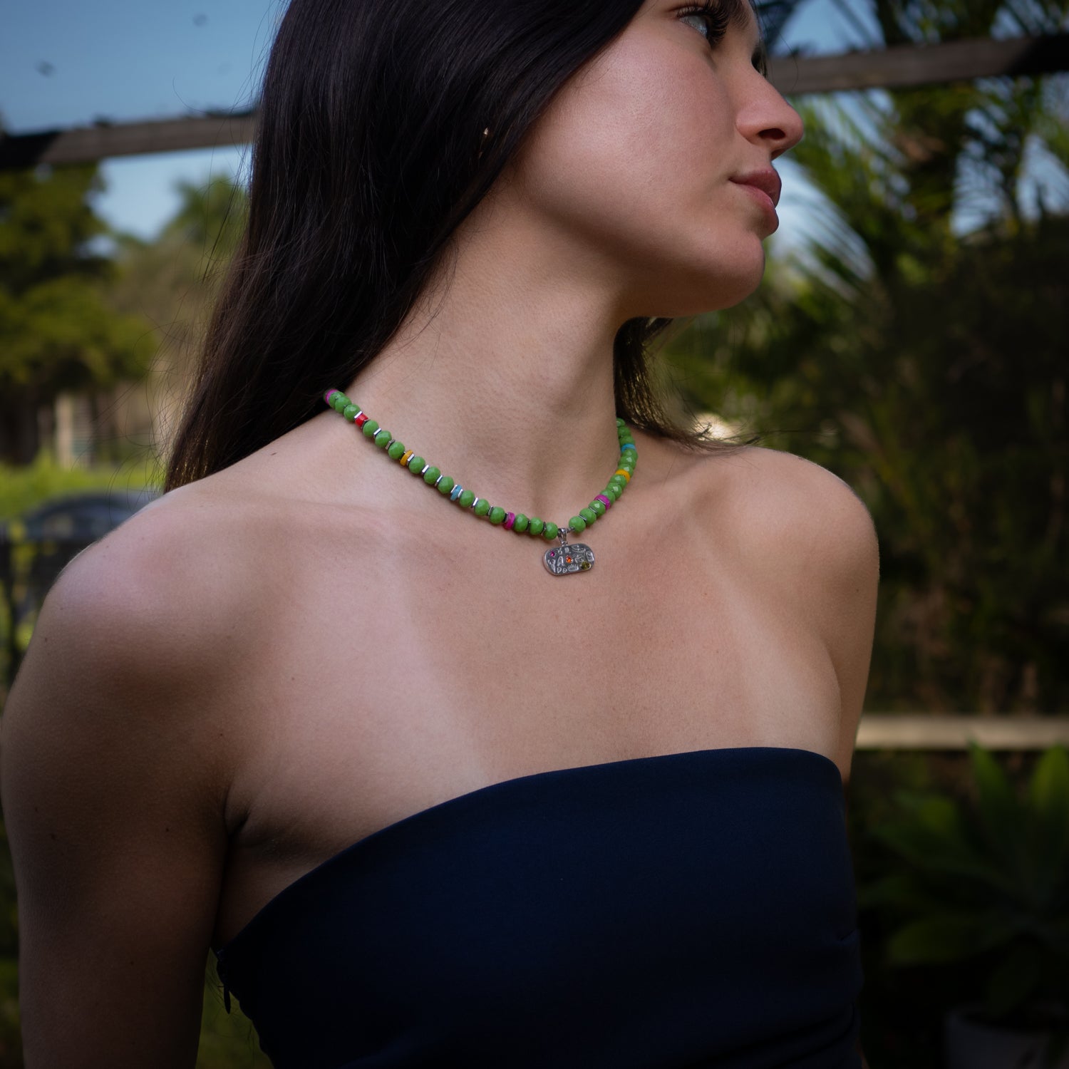 Egyptian-Inspired Sacred Symbols Pendant Necklace with Green Crystal Beads and Healing Gemstones