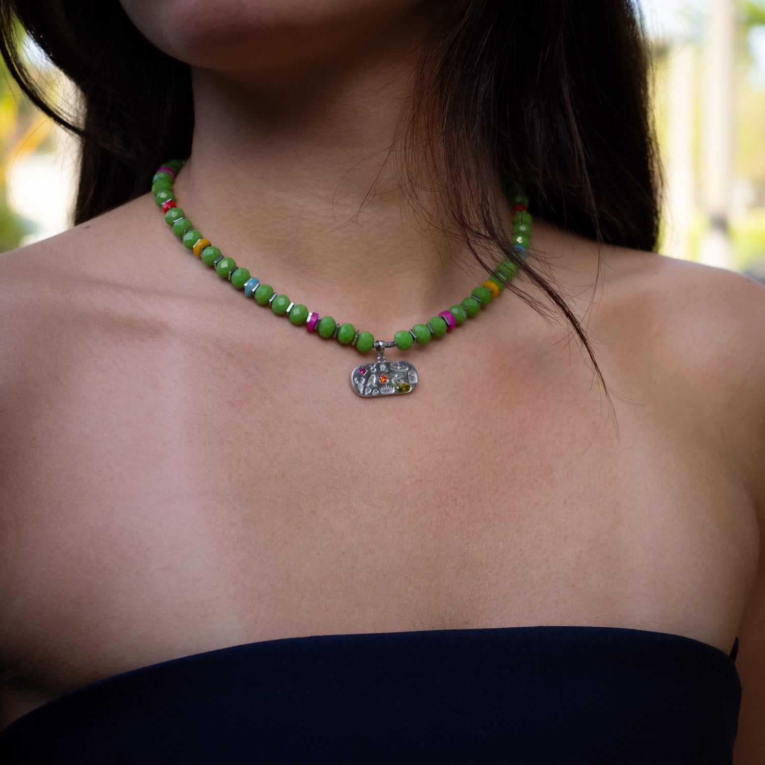 Vibrant Protection Necklace with Green Crystal Beads, Freshwater Pearls, and Sterling Silver Pendant
