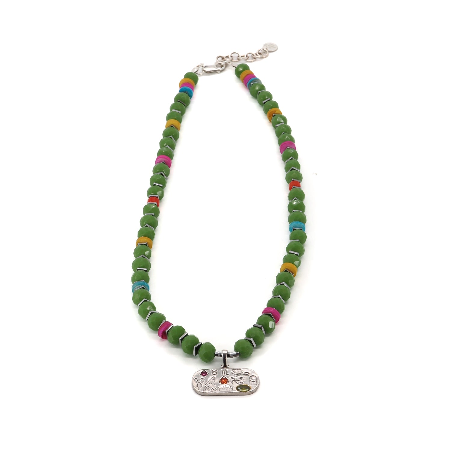 Colorful Beaded Protection Choker Necklace with Freshwater Pearls, Sterling Silver Pendant, and Gemstones