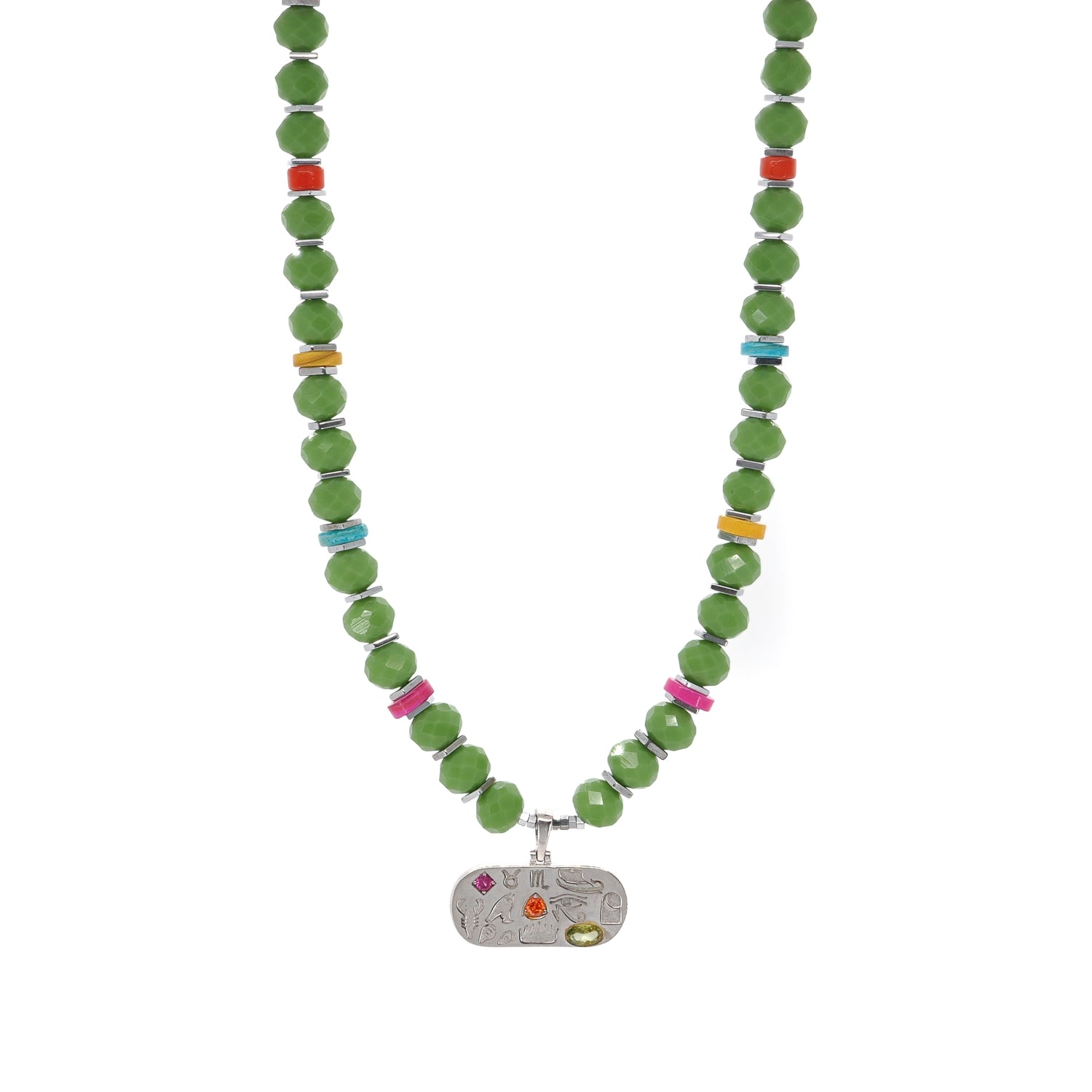 Egyptian Protection Symbols Pendant Necklace with Green Crystal Beads and Freshwater Pearls