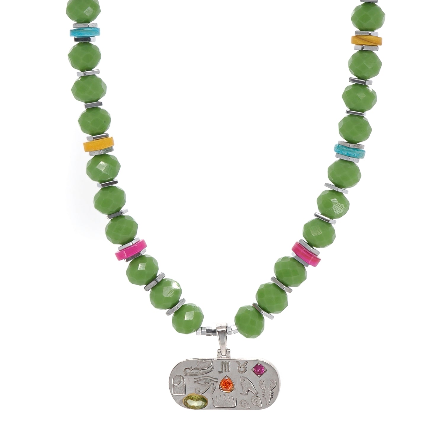 Sterling Silver Sacred Symbols Pendant Choker Necklace with Green Crystal and Freshwater Pearls
