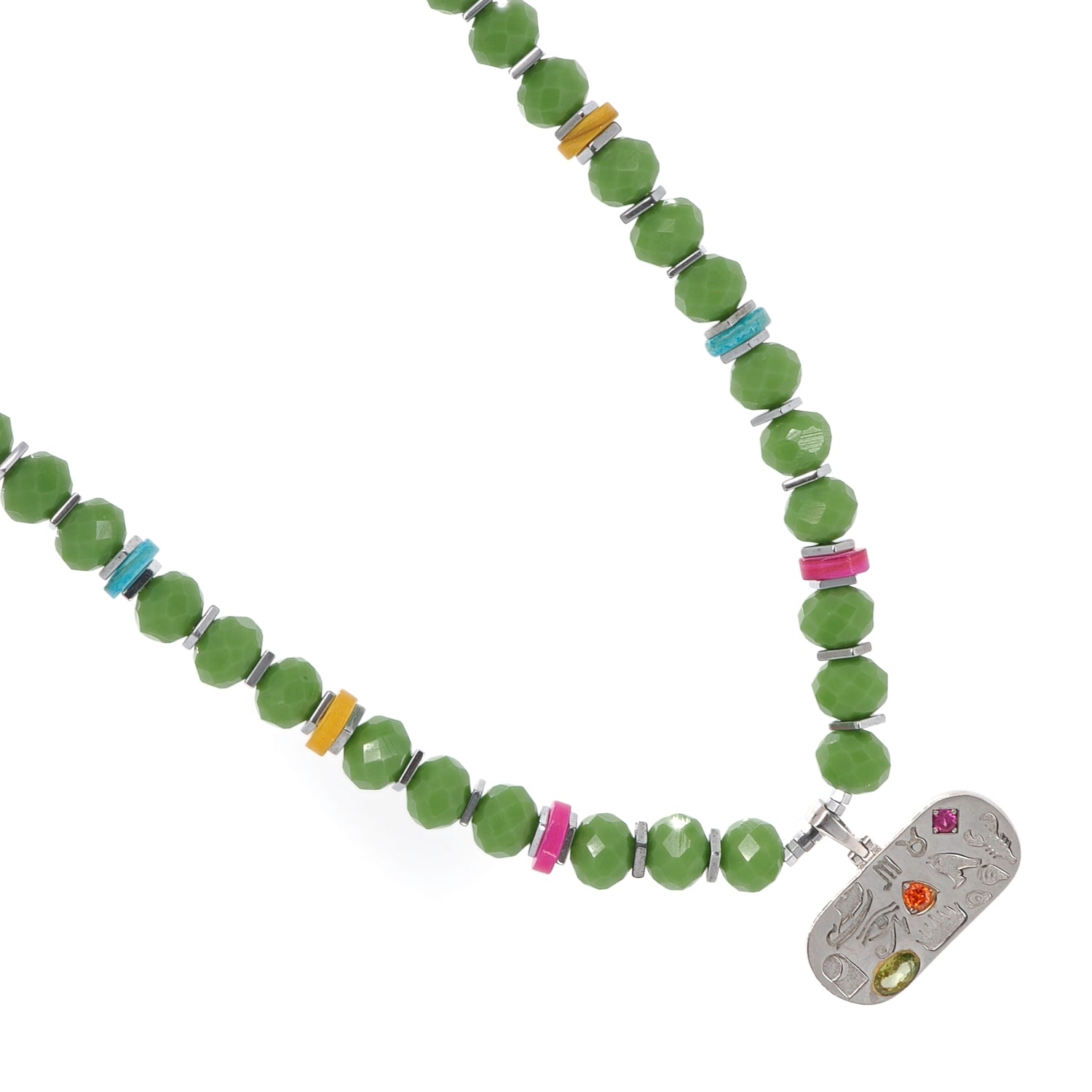Sterling Silver Sacred Symbols Pendant Choker Necklace with Ruby, Emerald, and Freshwater Pearls