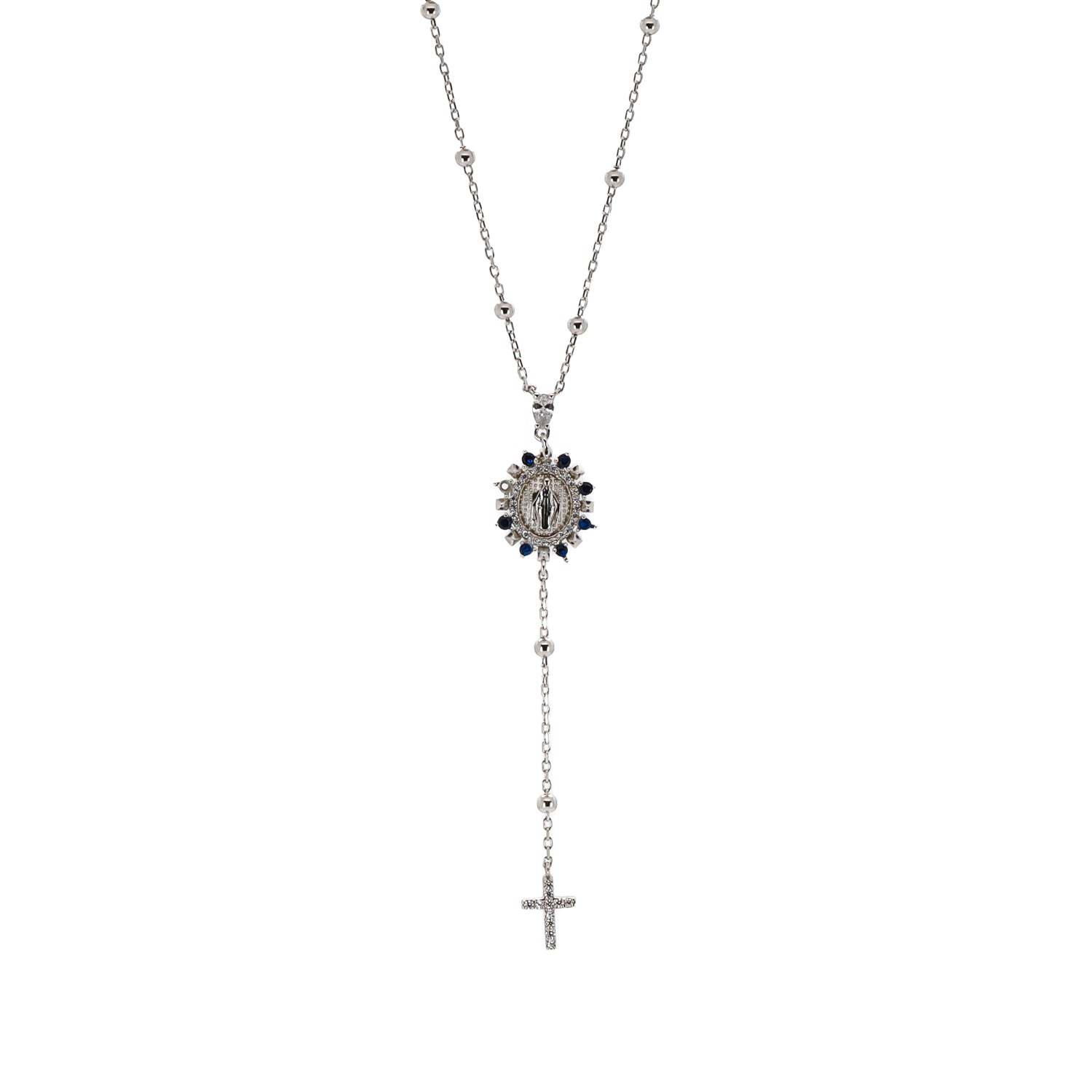 Spiritual Sapphire and Diamond Virgin Mary Cross Necklace