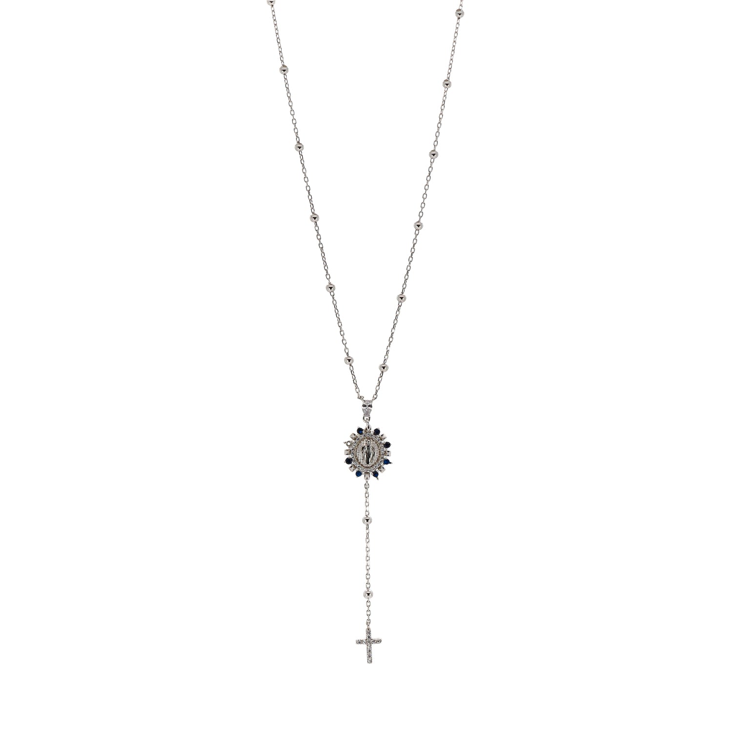 Handmade Sterling Silver Necklace with Sapphire and Diamond Cross