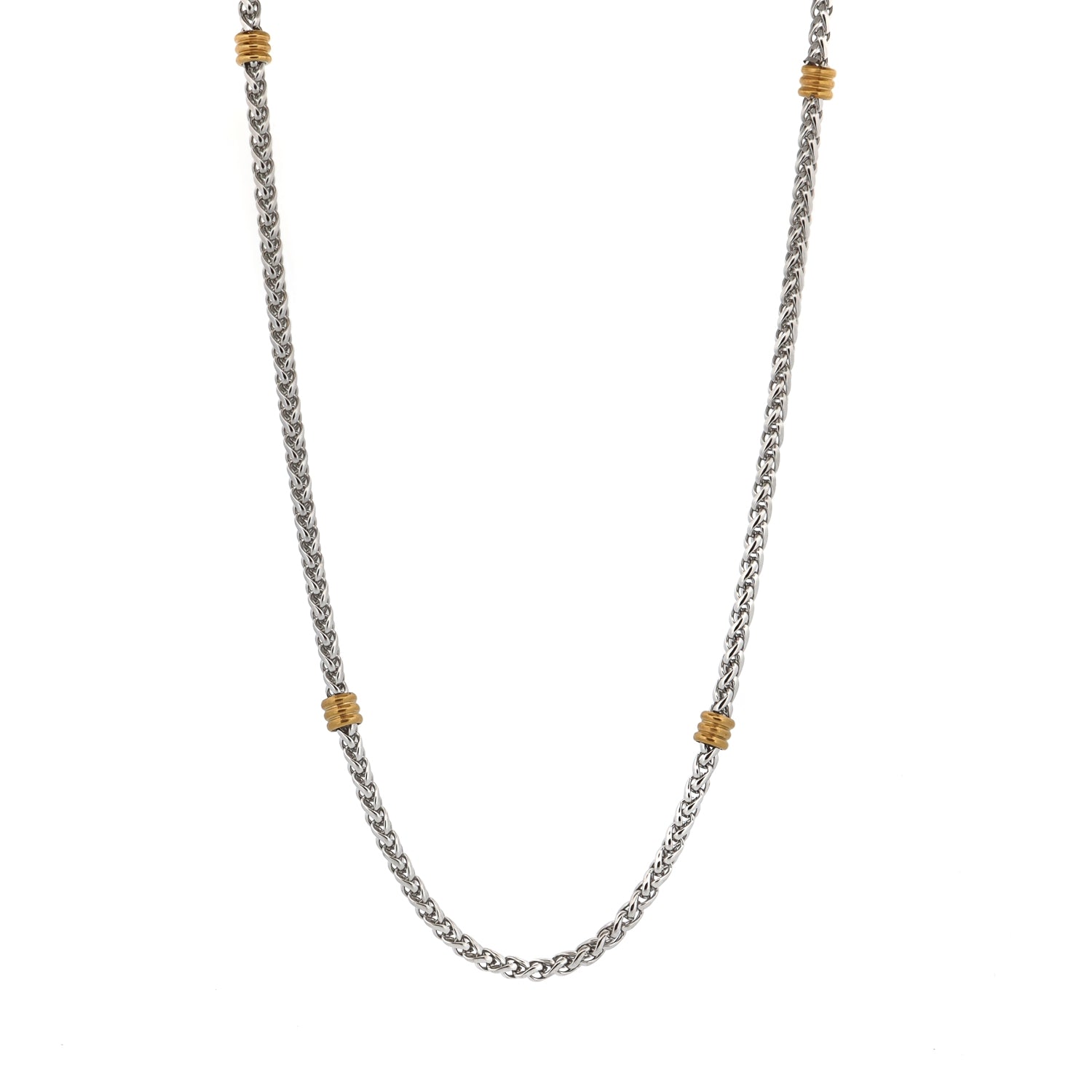 Two-tone men's chain necklace in stainless steel with gold-plated accents, handmade for modern elegance.
