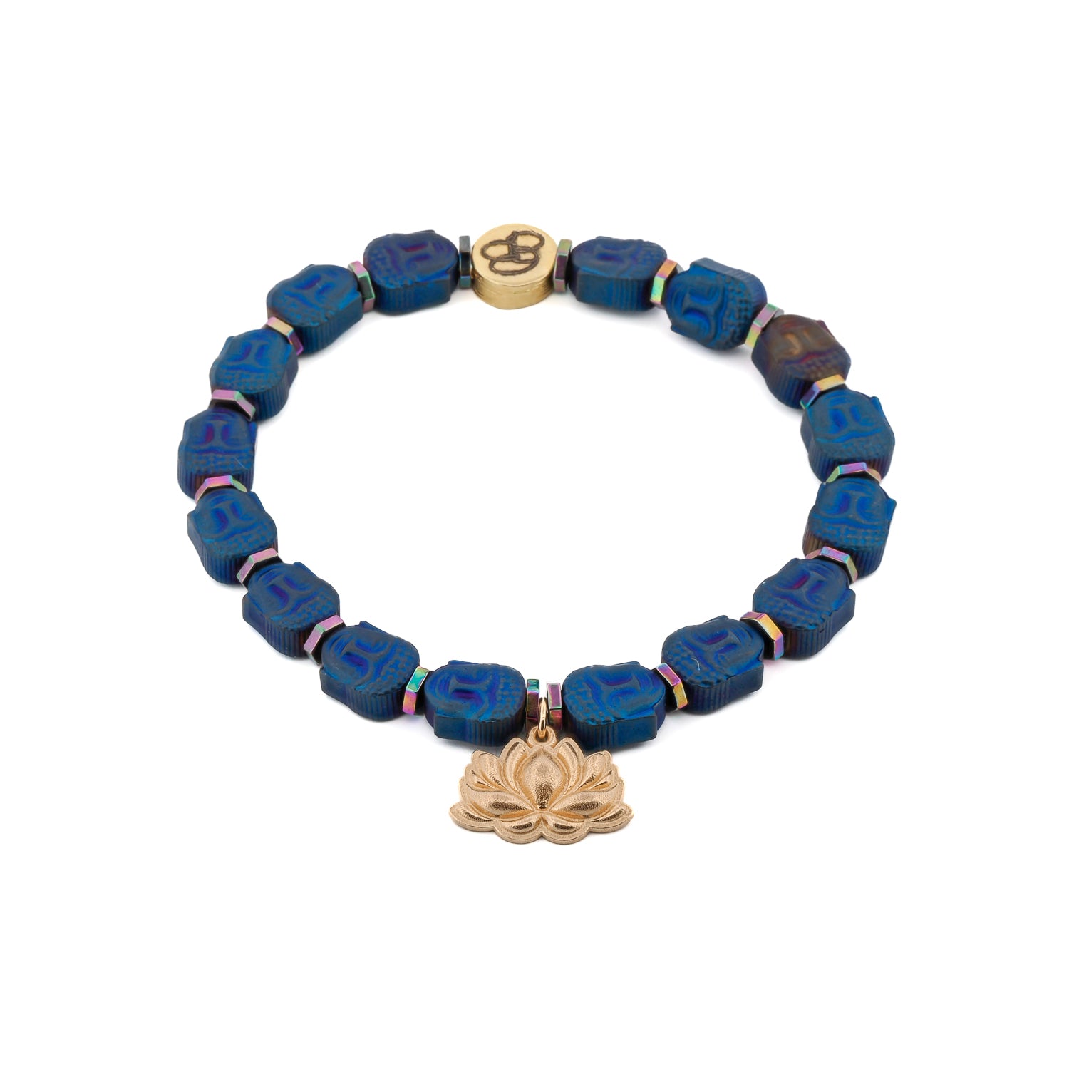 Lotus Flower In Gold &amp; Blue Hematite Stone Buddha Beaded Bracelet