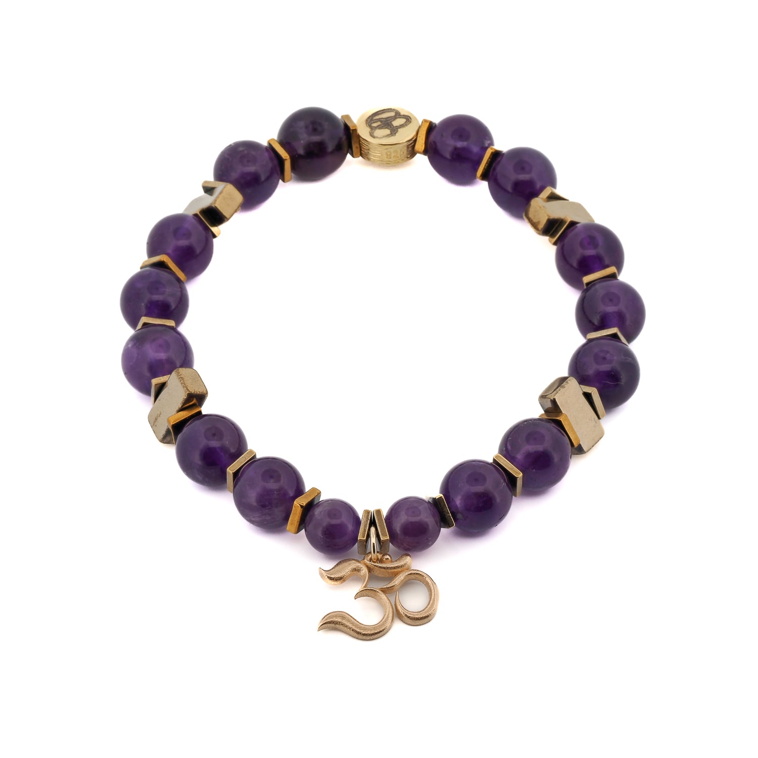 Solid Gold Om Mantra Charm Healing Amethyst Stone Beaded Bracelet