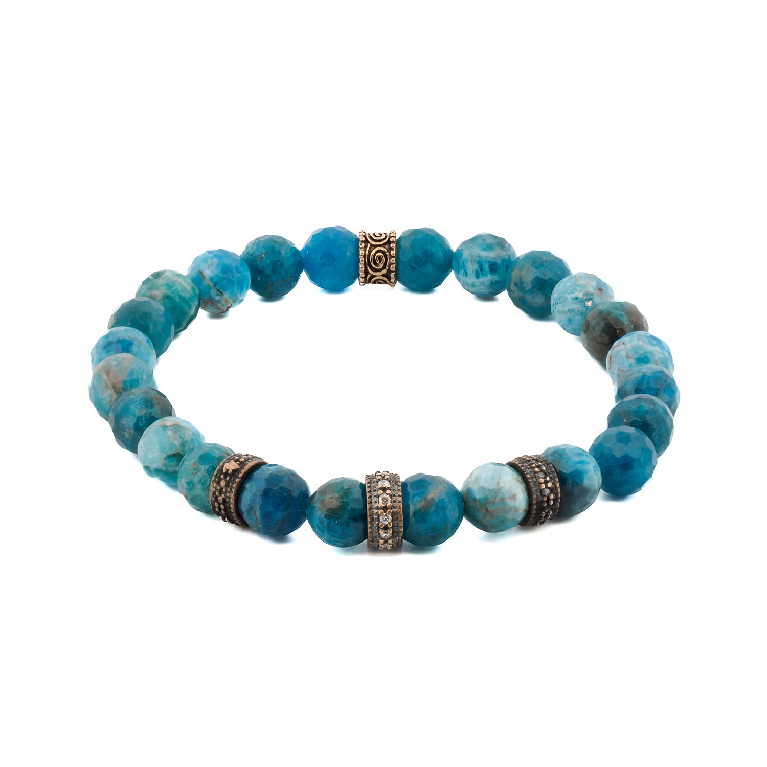 Blue apatite beaded bracelet with bronze Cz diamond accents, handmade for spiritual balance.