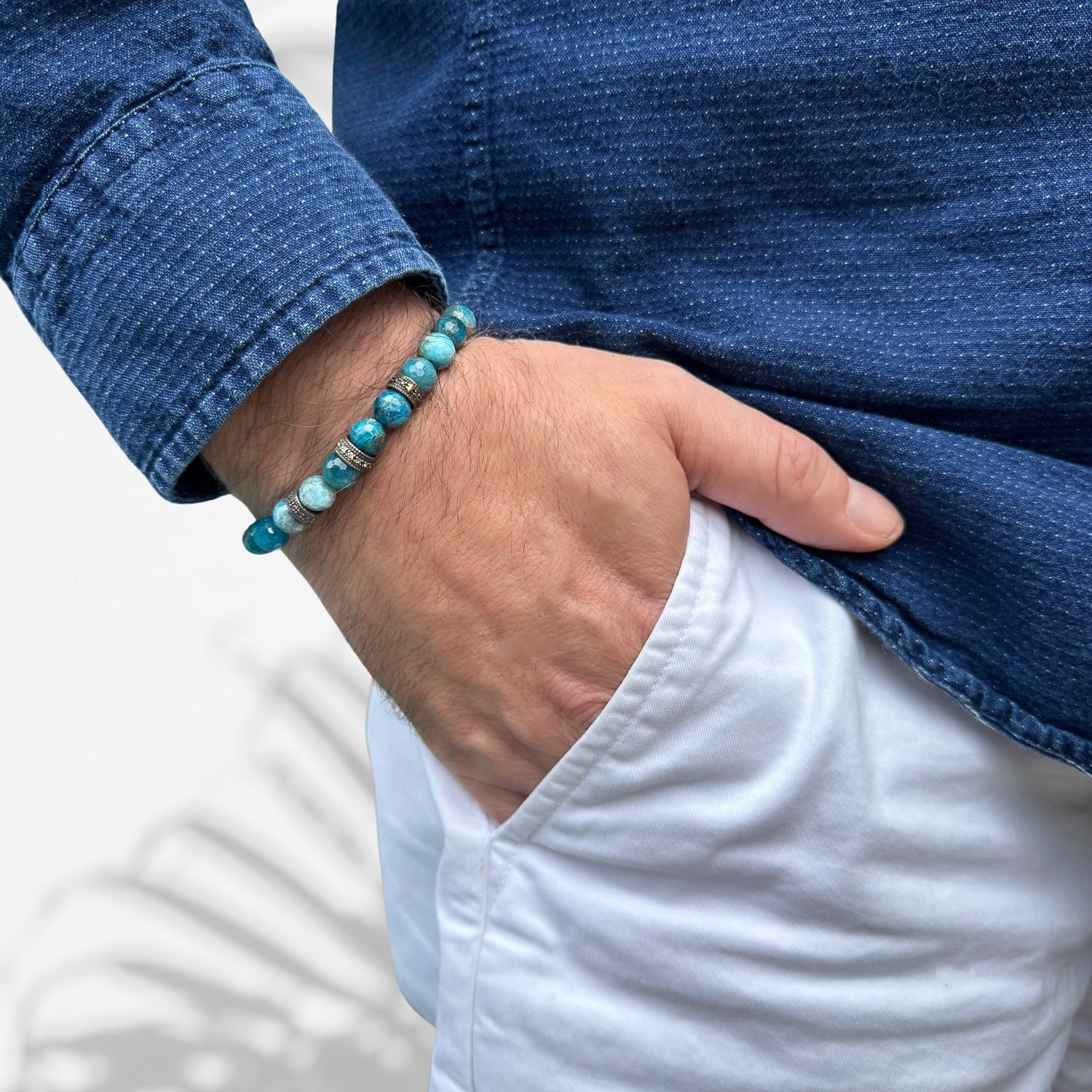 Blue Apatite Stone Beaded Bracelet with Bronze Cz Diamond Accents