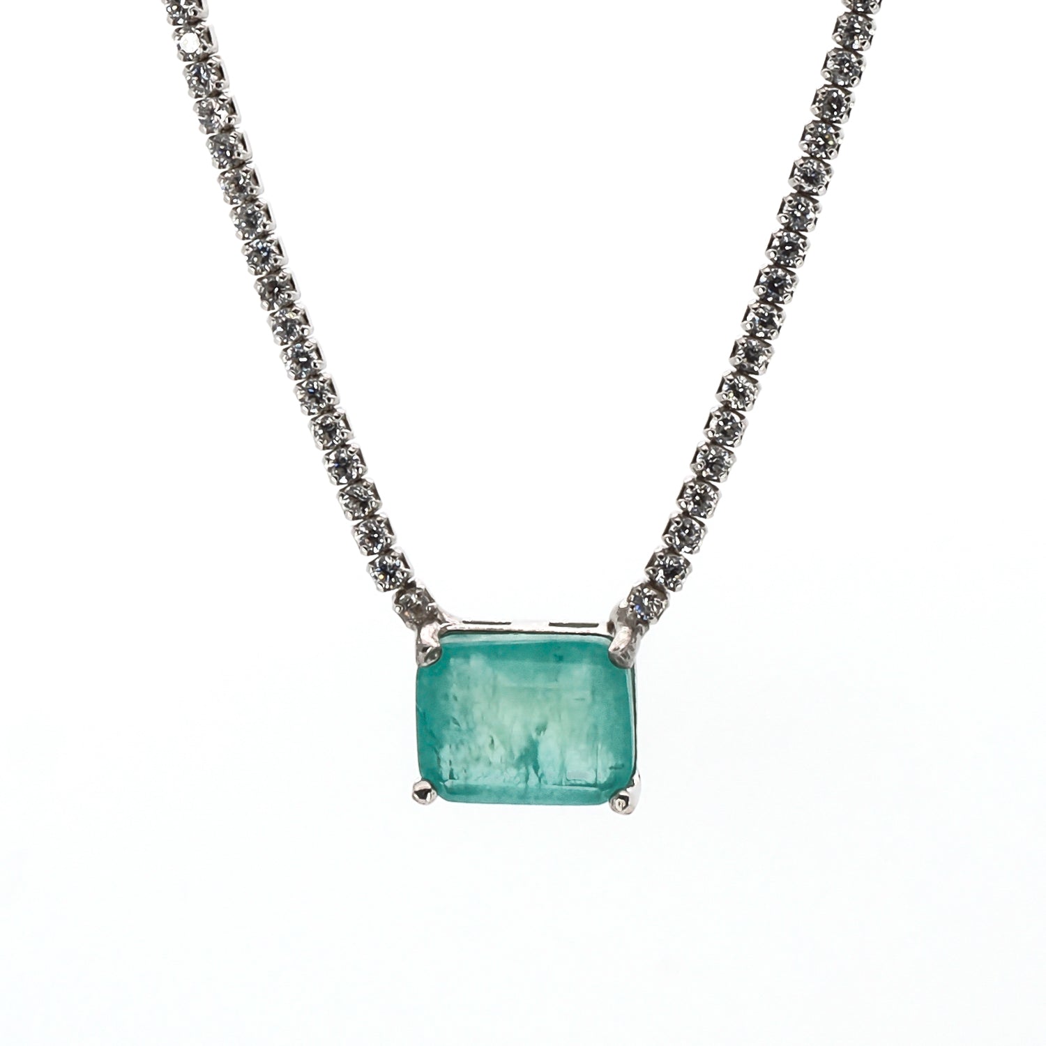 925 Sterling Silver Necklace with Paraiba Tourmaline Pendant and Diamond Tennis Chain for Elegance and Happiness