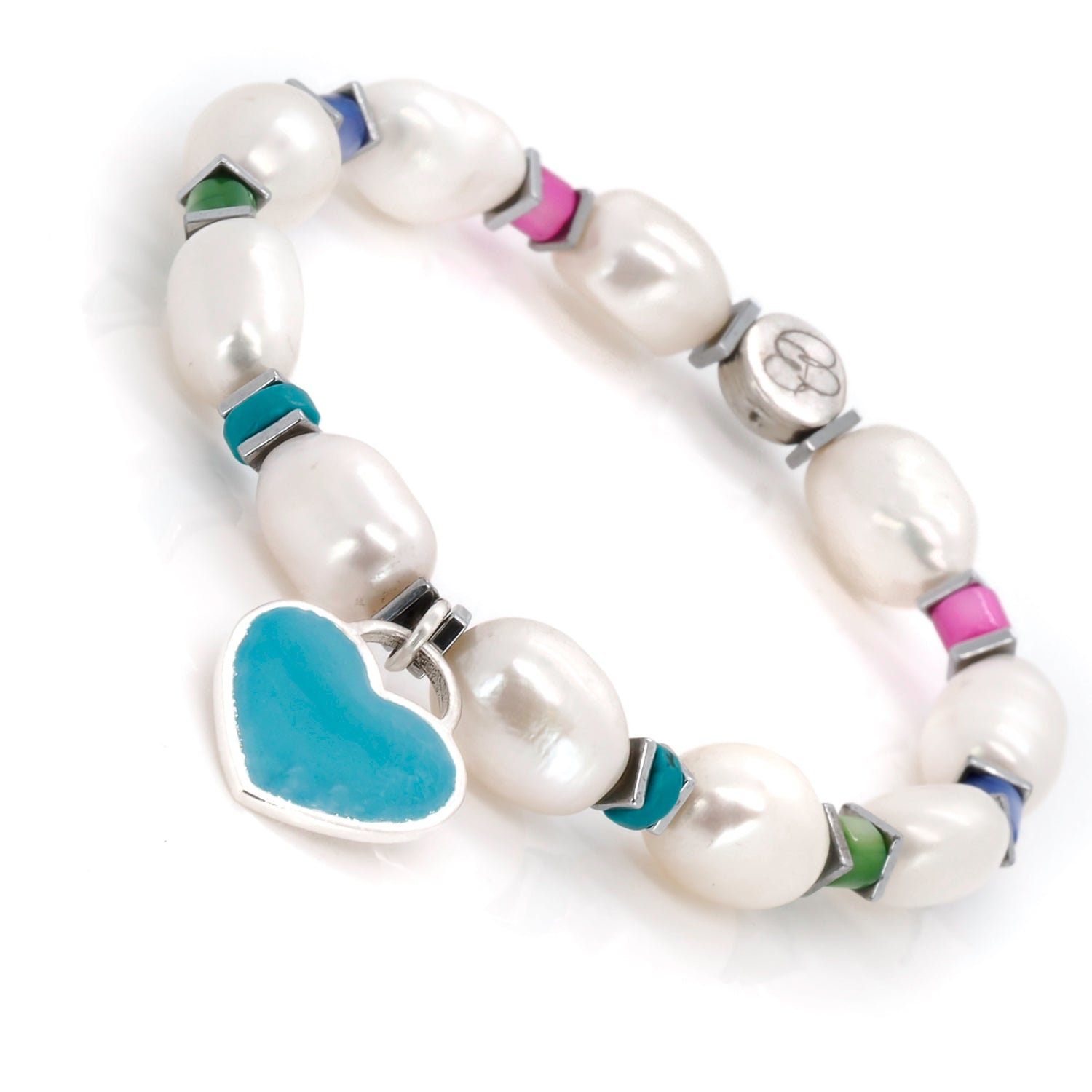 Blue Enamel Heart Charm Bracelet with White Pearls and Silver Spacers