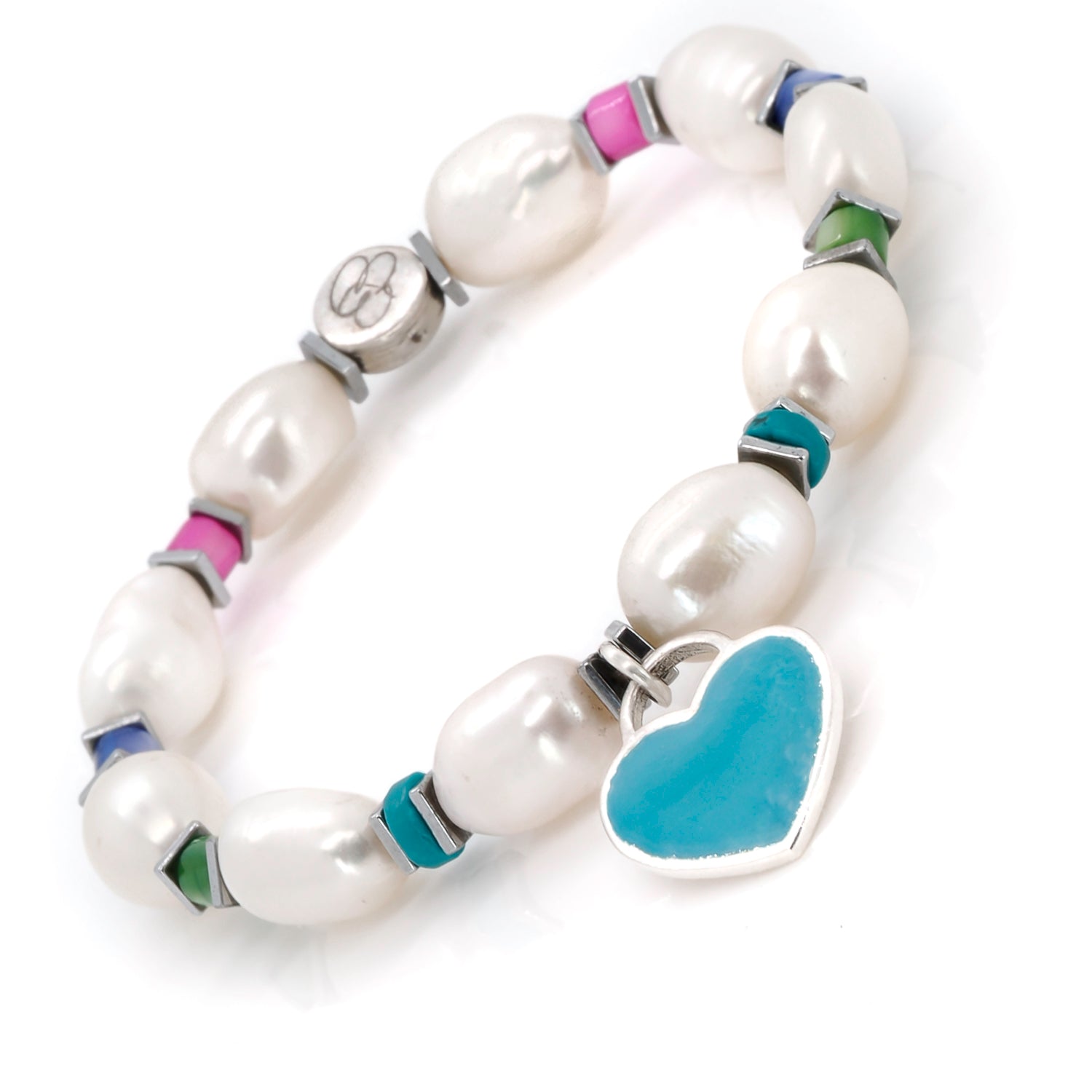 Classic Pearl Bracelet Featuring Sterling Silver Blue Enamel Heart Charm