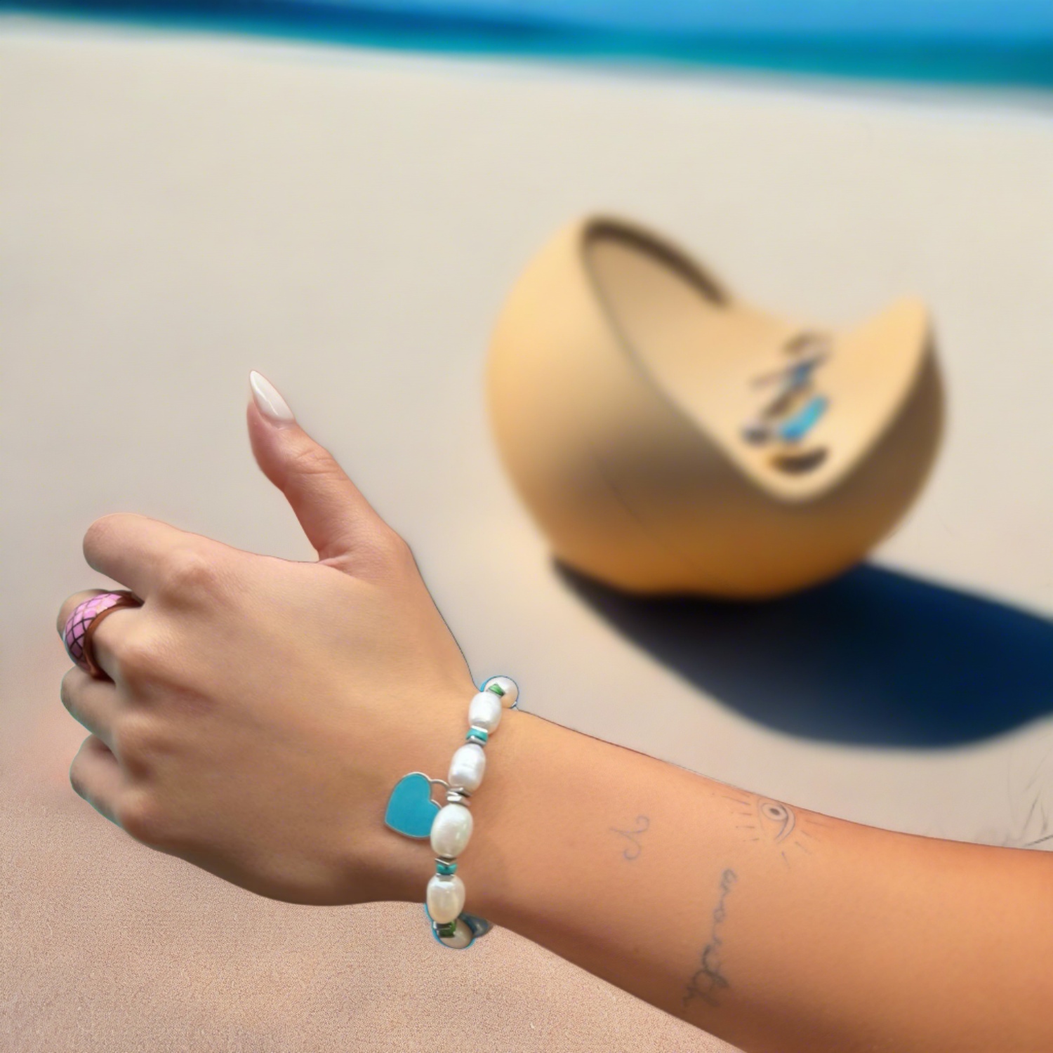 Stylish Blue Enamel Heart Charm on Pearl and Sterling Silver Beaded Bracelet