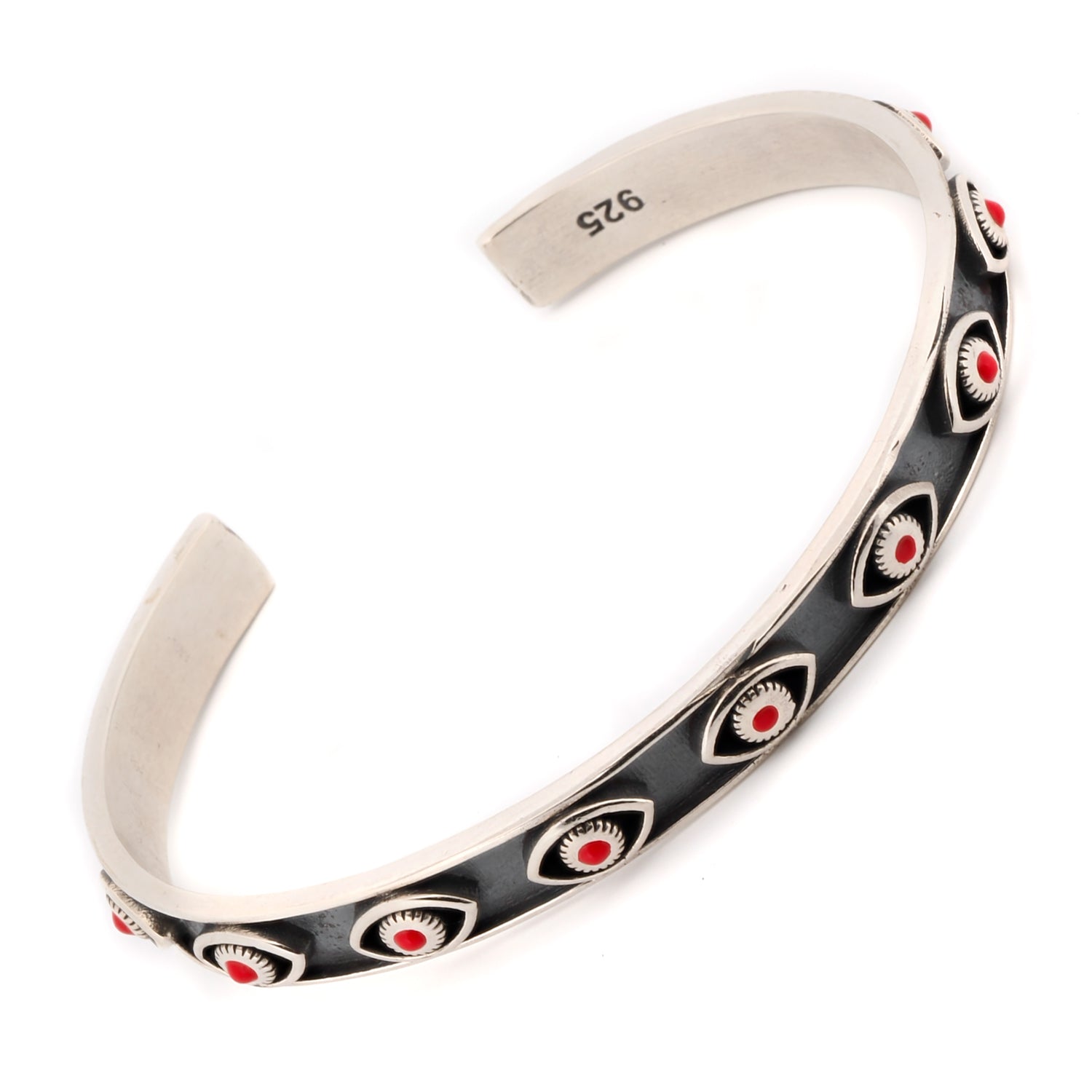 Unisex adjustable cuff bracelet featuring coral and evil eye design