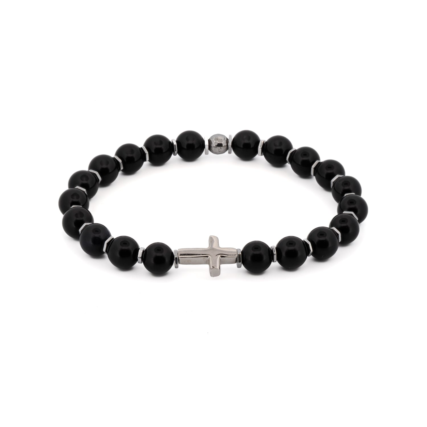 Elegant bracelet featuring black onyx stone beads and a sterling silver cross charm