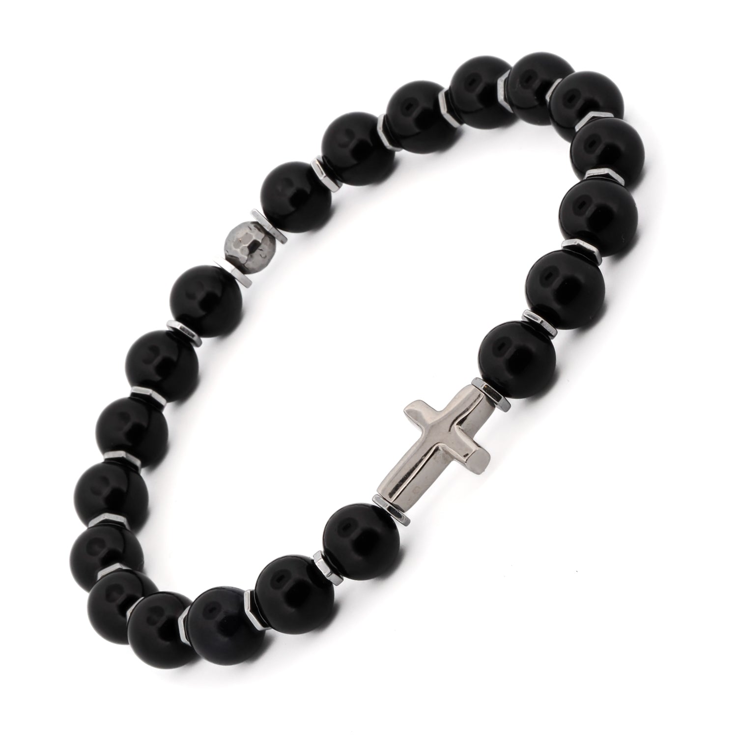 Spiritual bracelet with black onyx stone beads and a sterling silver cross charm