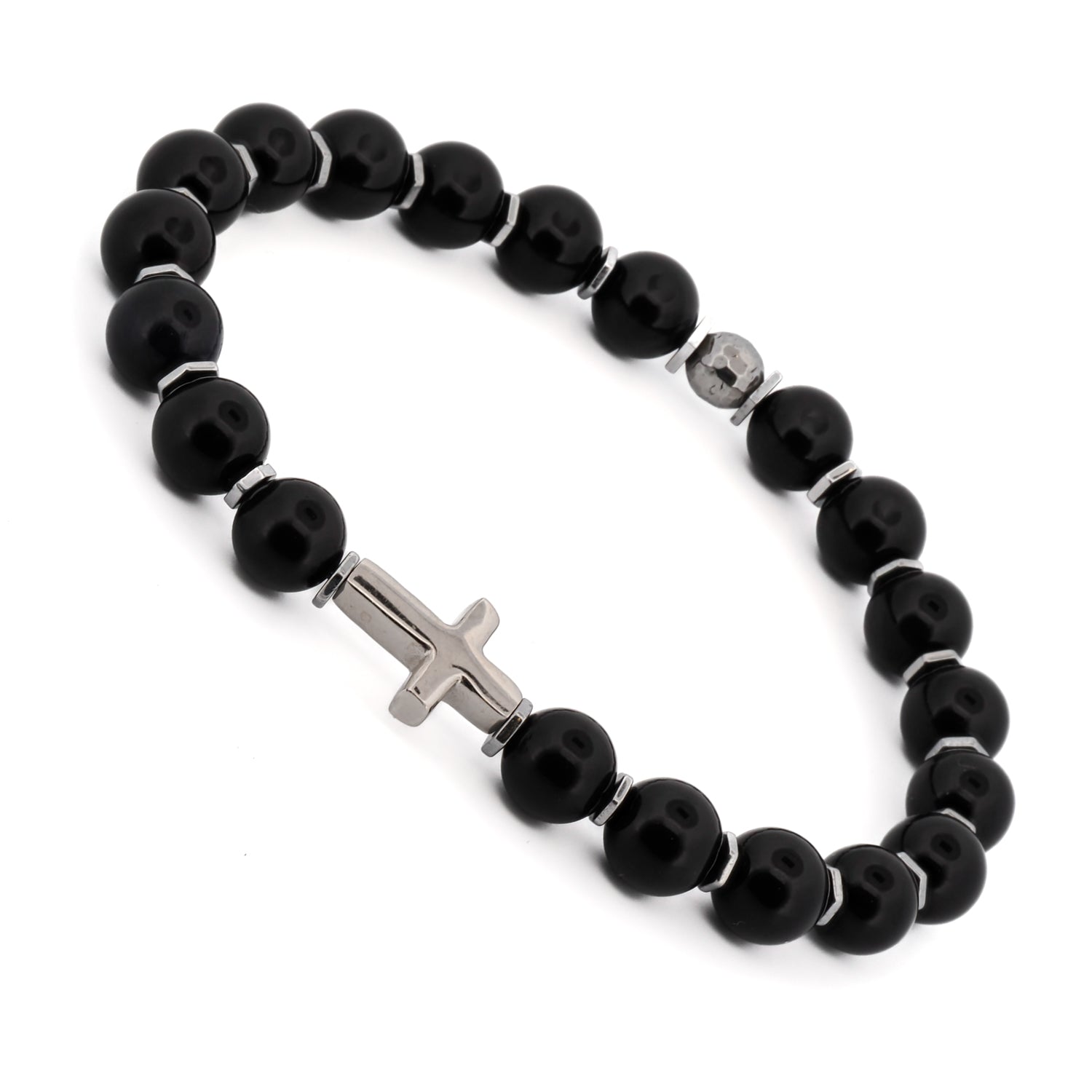 Bracelet featuring 8mm black onyx beads and a sterling silver cross charm