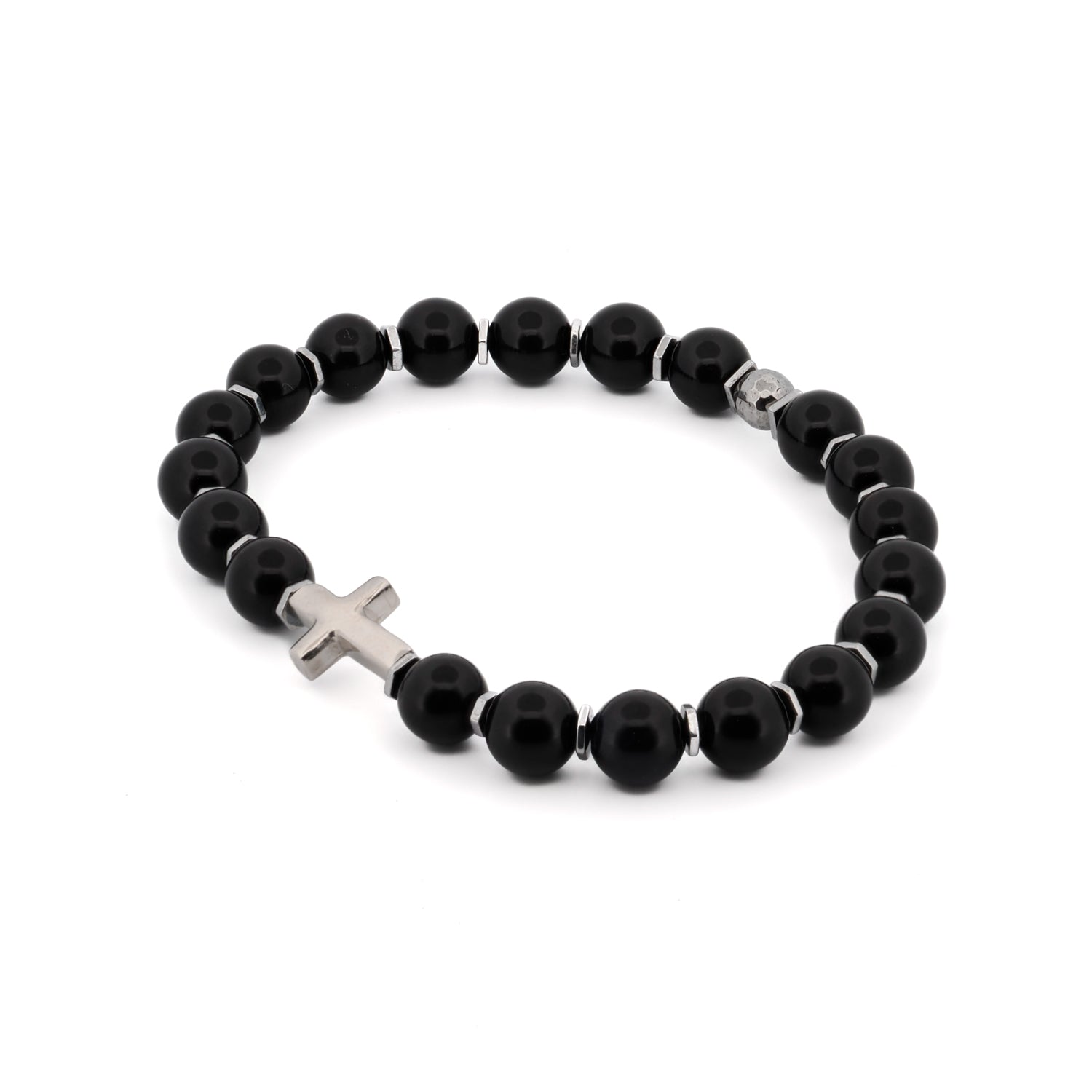 Handcrafted bracelet with black onyx beads and a sterling silver cross charm