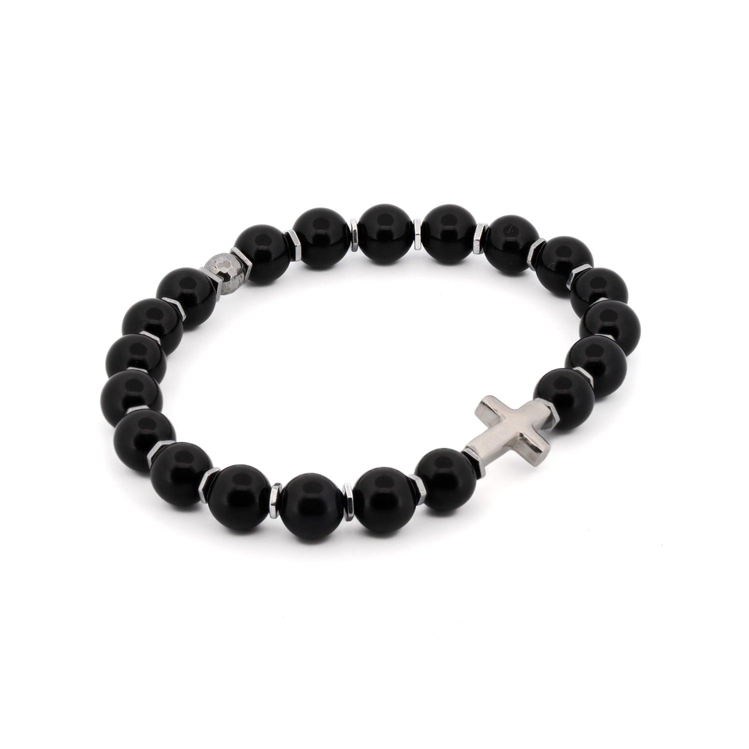 Black onyx bracelet with silver hematite spacers and a sterling silver cross charm