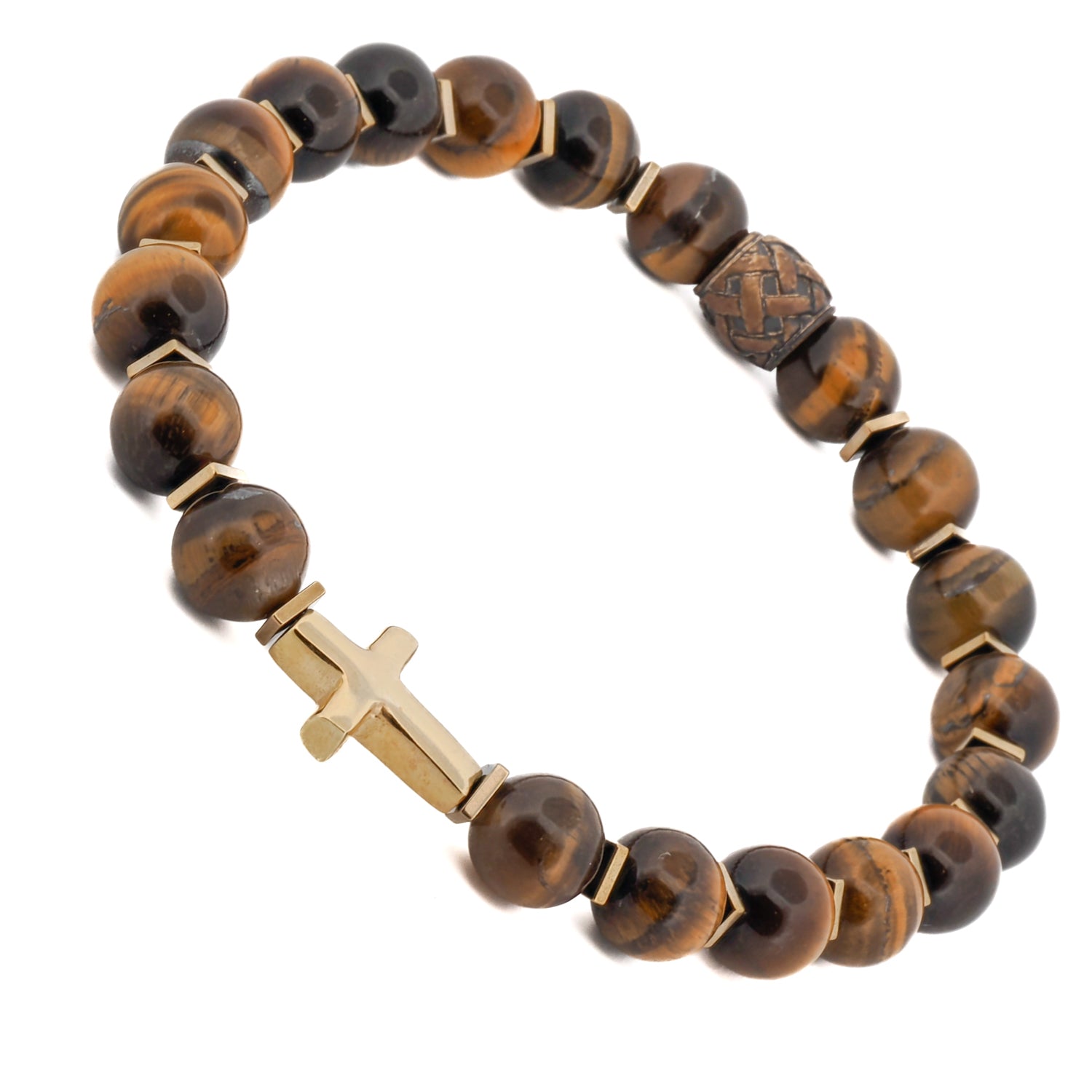 Gold Cross Tiger&#39;s Eye Beaded Bracelet