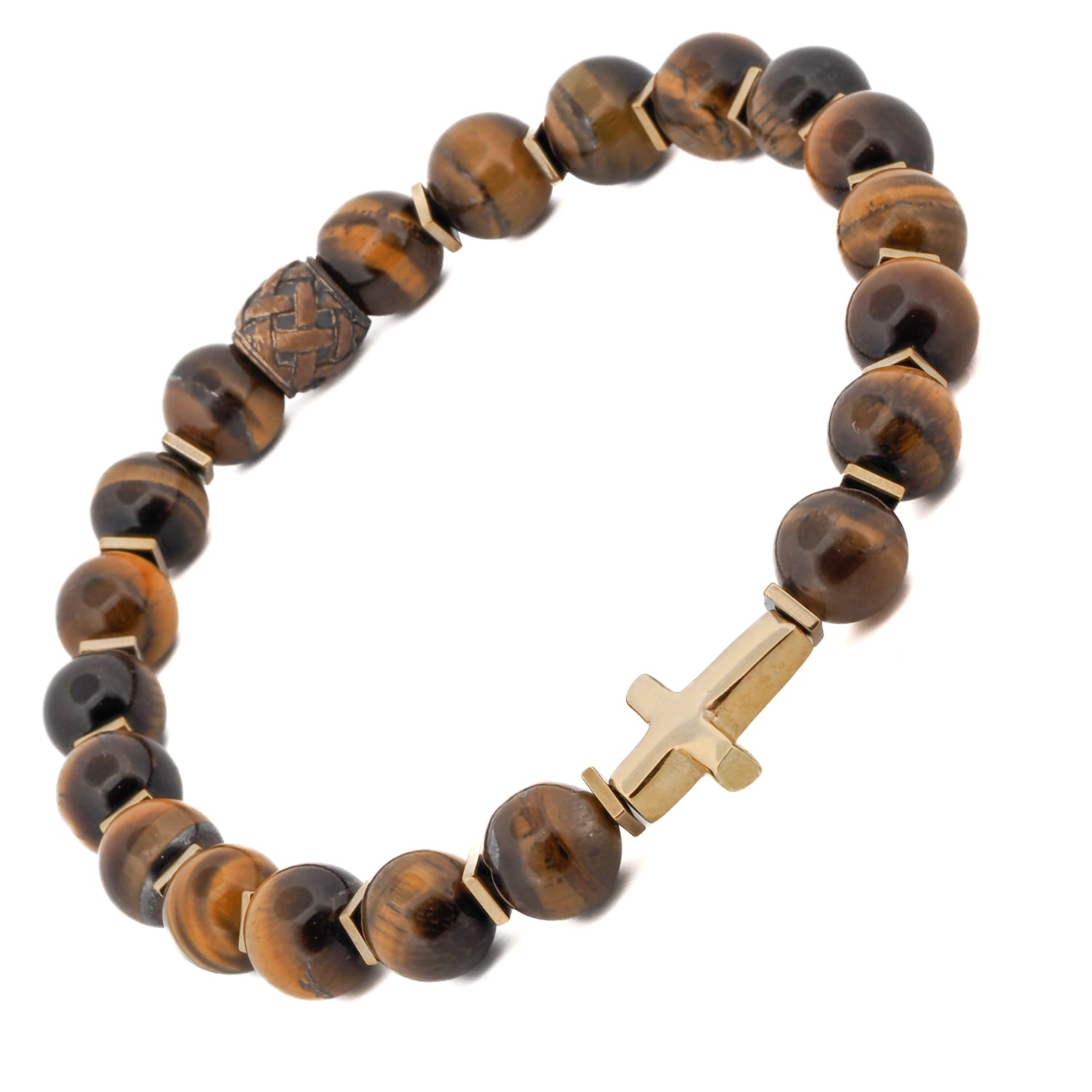 Handcrafted bracelet with tiger's eye beads and a gold-plated sterling silver cross charm