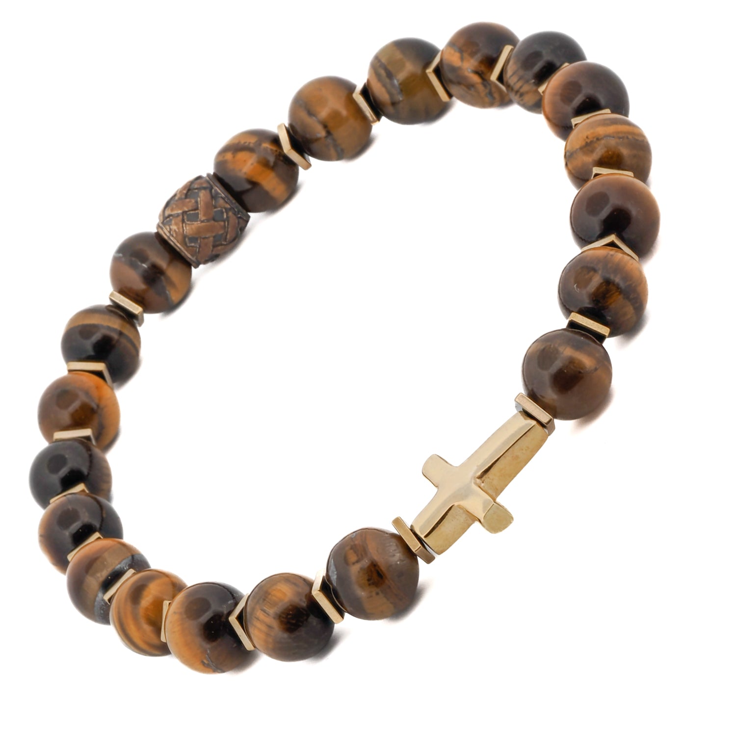 Gold Cross Tiger&#39;s Eye Beaded Bracelet