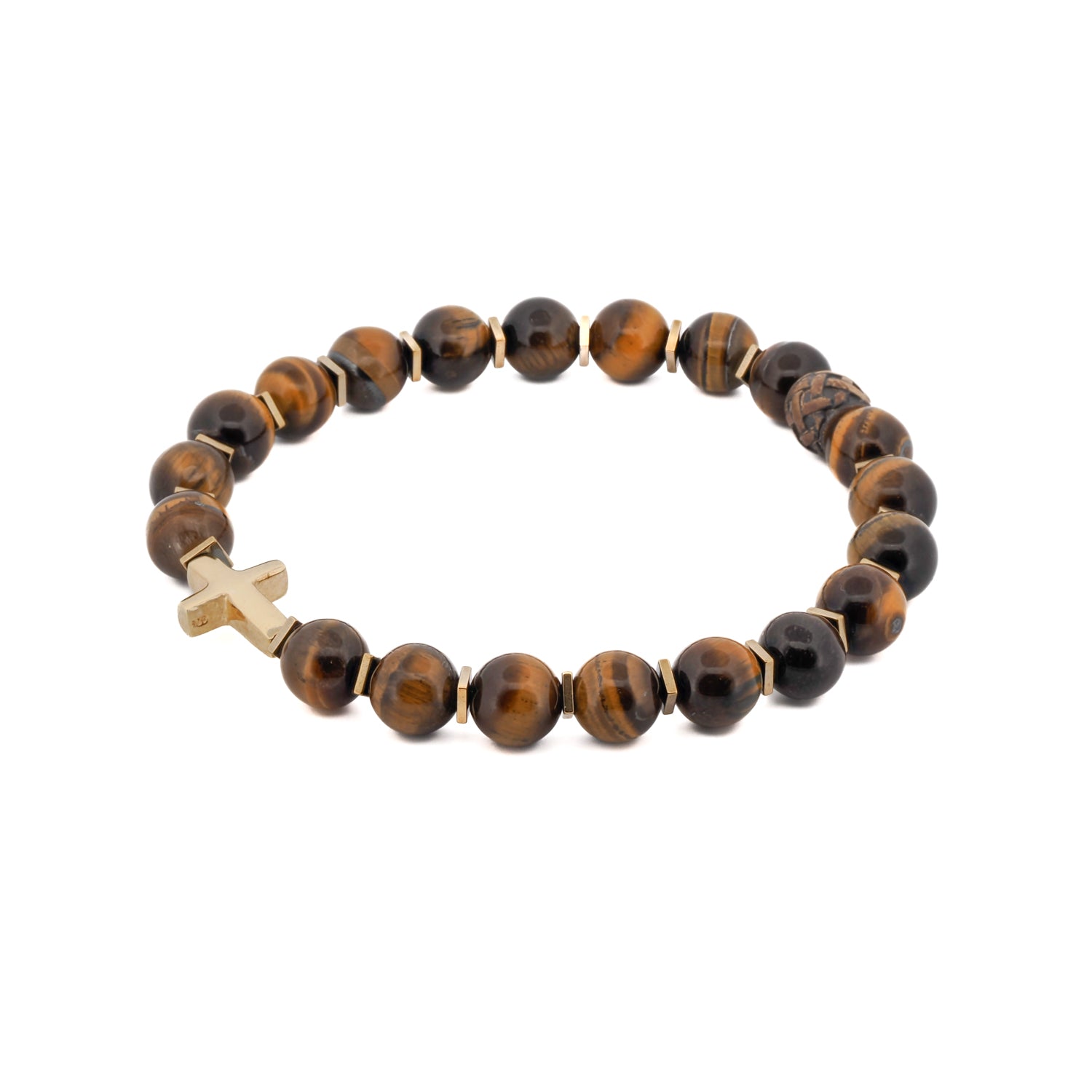 Spiritual bracelet with tiger's eye stone beads and an 18k gold-plated cross charm