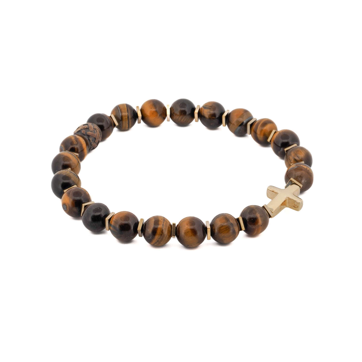Bracelet featuring 8mm tiger's eye beads and a gold-plated sterling silver cross charm