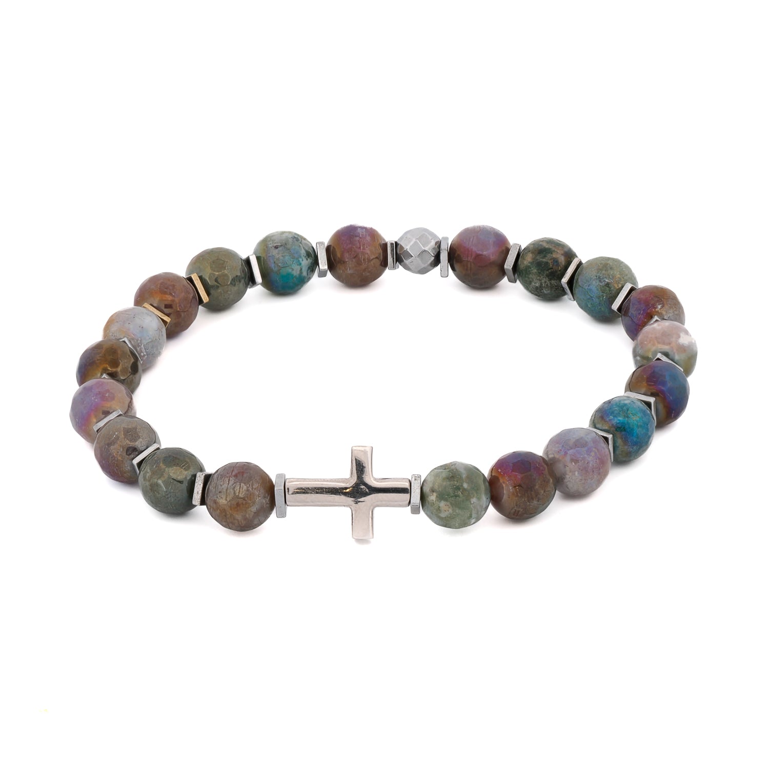 Sterling Silver Cross & Mystic Indian Agate Beaded Bracelet