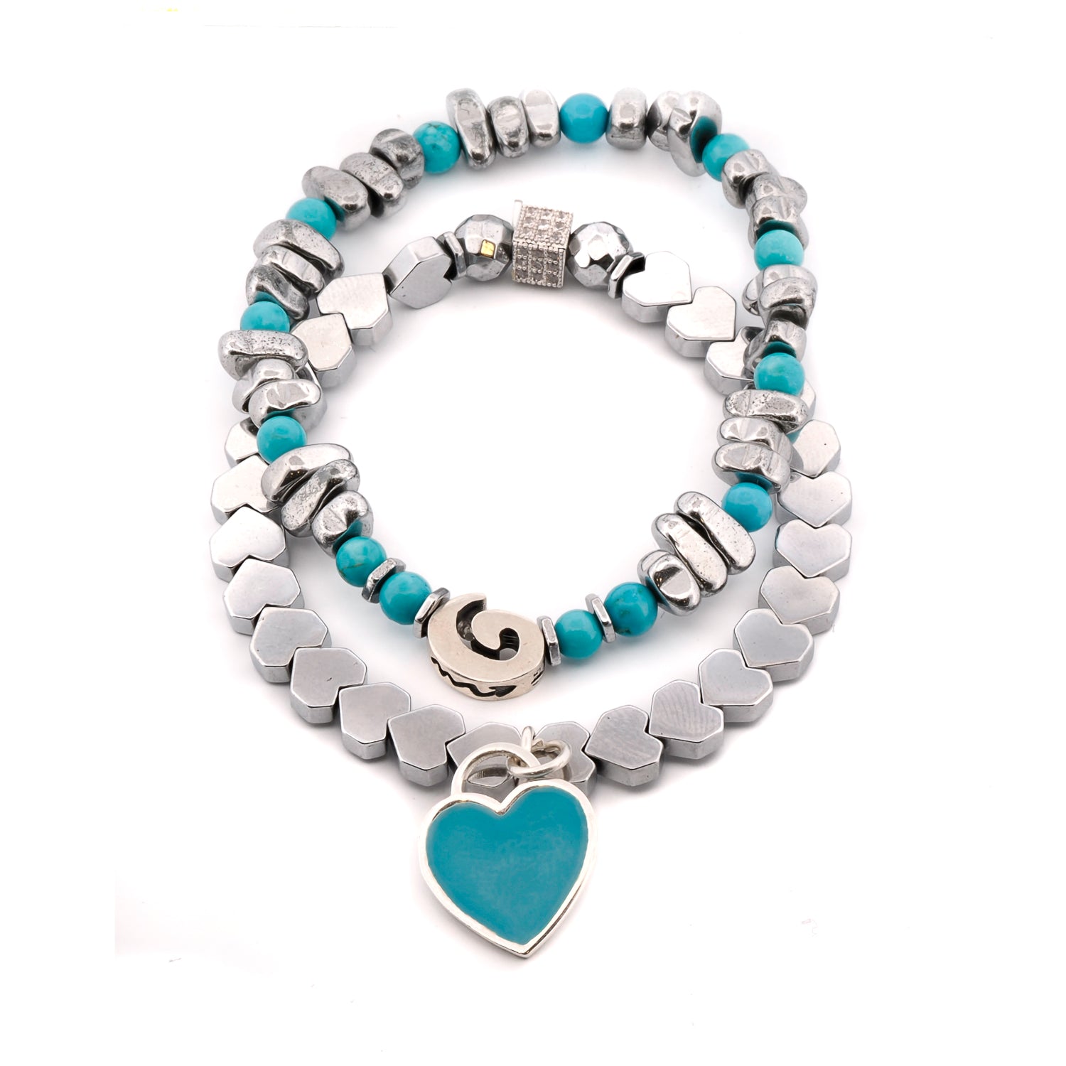Sterling Silver Love Charms Turquoise & Hematite Bracelet Set