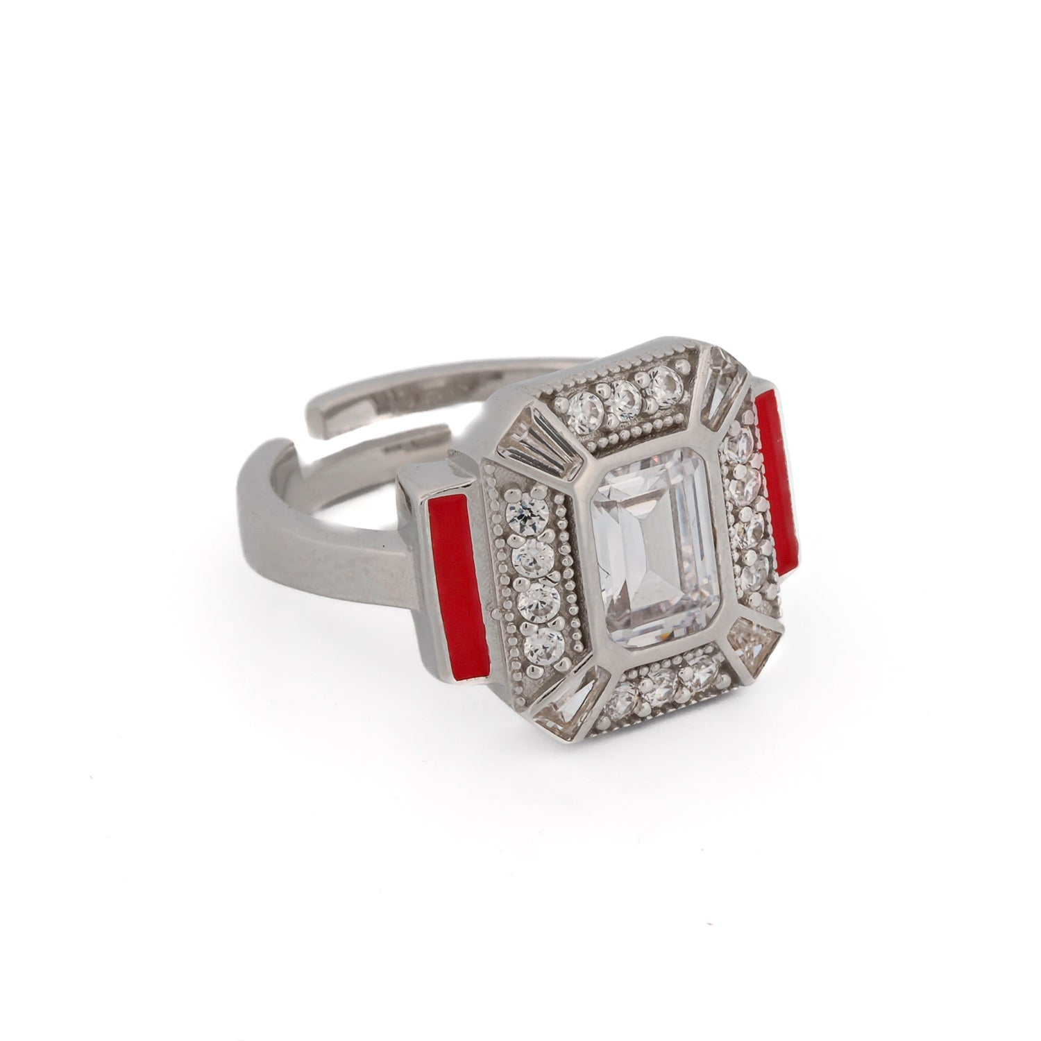 Chic Statement: Sterling Silver Pave Diamond & Red Enamel Ring