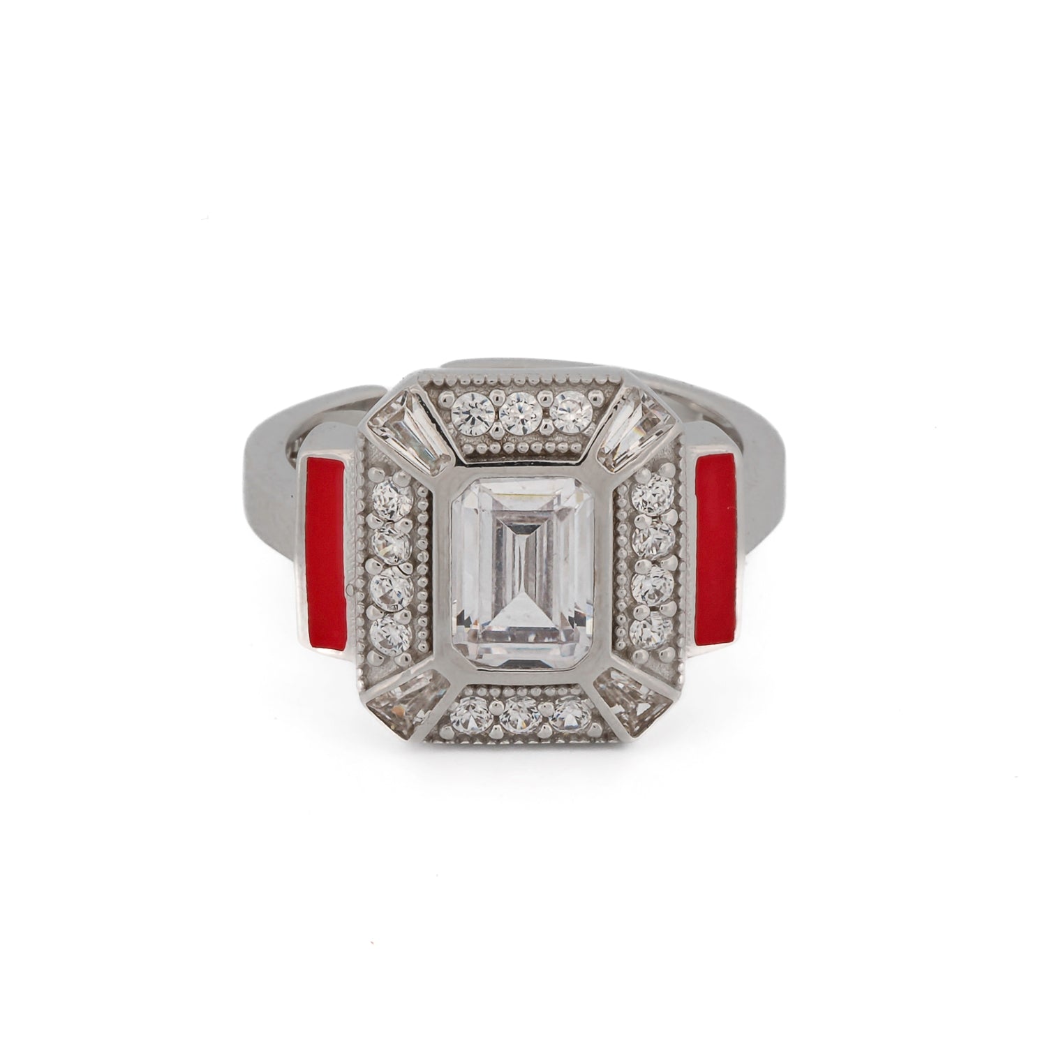 Stylish Sophistication: Pave Diamond & Red Enamel Sterling Silver Ring