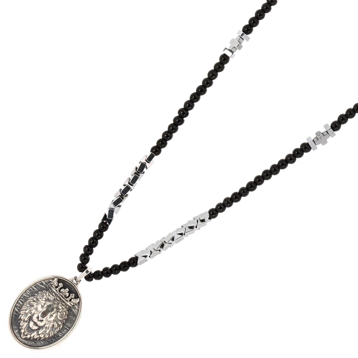 Handmade men's necklace with black hematite beads, silver hematite spacers, and a sterling silver lion pendant.