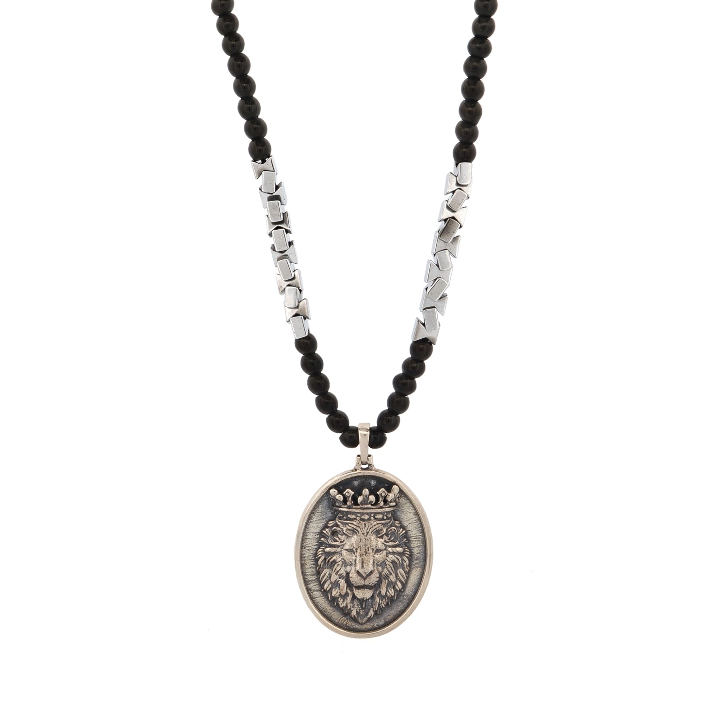 Powerful lion pendant necklace crafted with 4mm black and silver hematite beads.