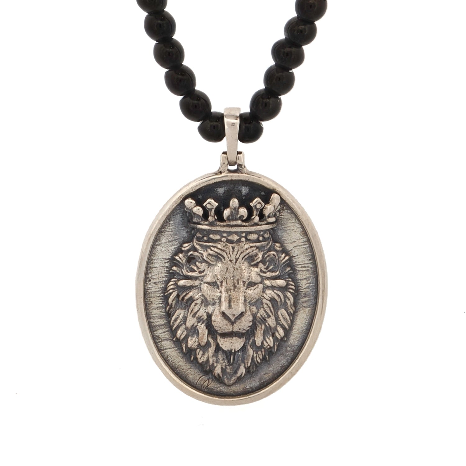 Handmade men's necklace with 925 silver lion charm and black diamond-accented center bead.