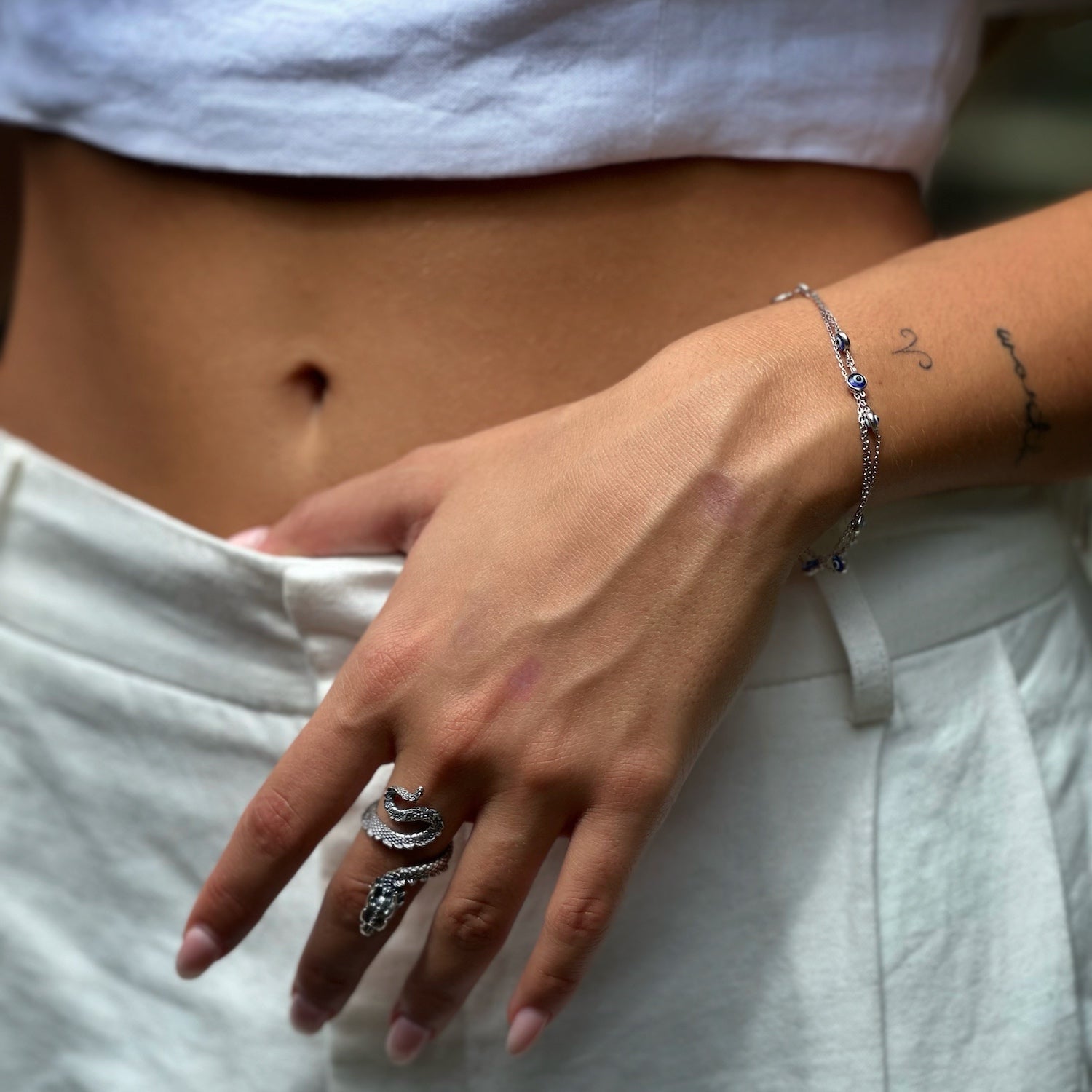 Model Wearing Sterling Silver Rebirth Snake Ring