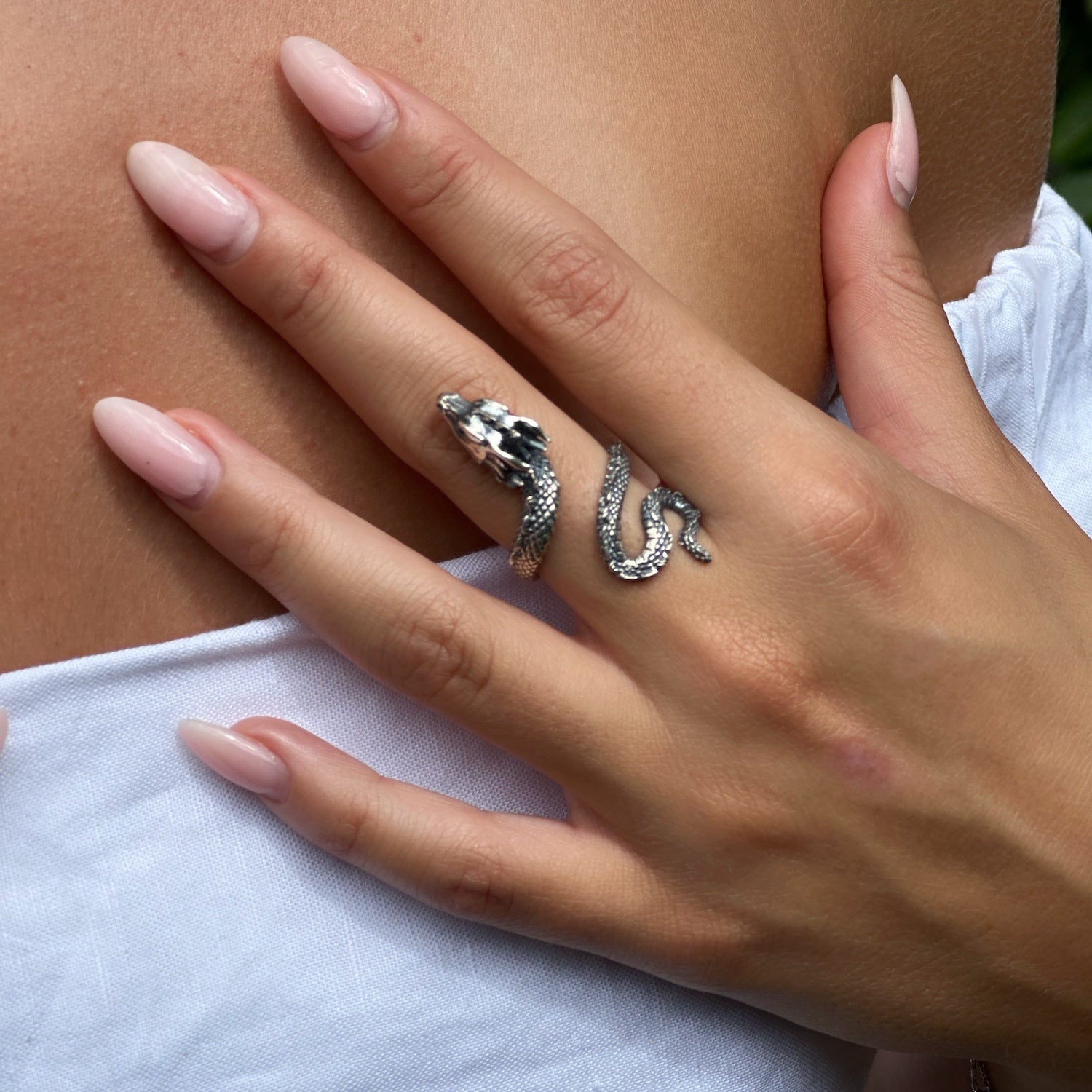 Stylish Model Adorned with Snake Motif Sterling Silver Ring