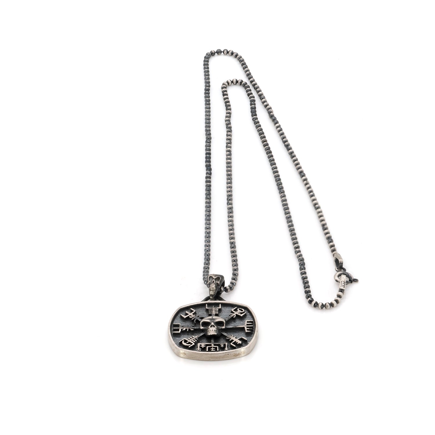 handcrafted viking skull and vegvisir pendant on silver chain