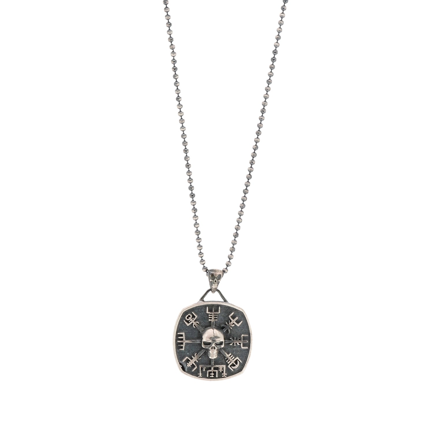 skull and viking symbol pendant on silver chain for men
