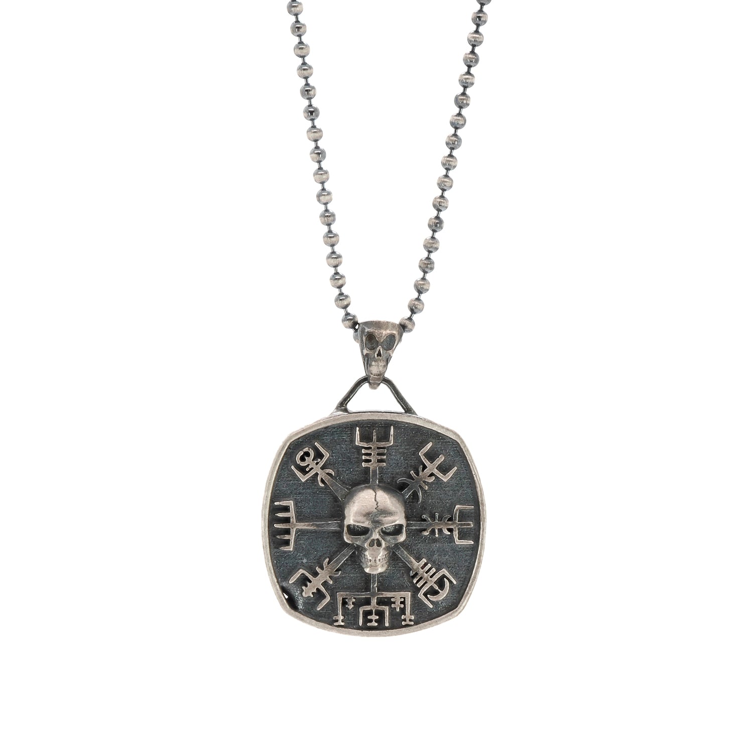 detailed viking skull and vegvisir pendant on 24 inch chain