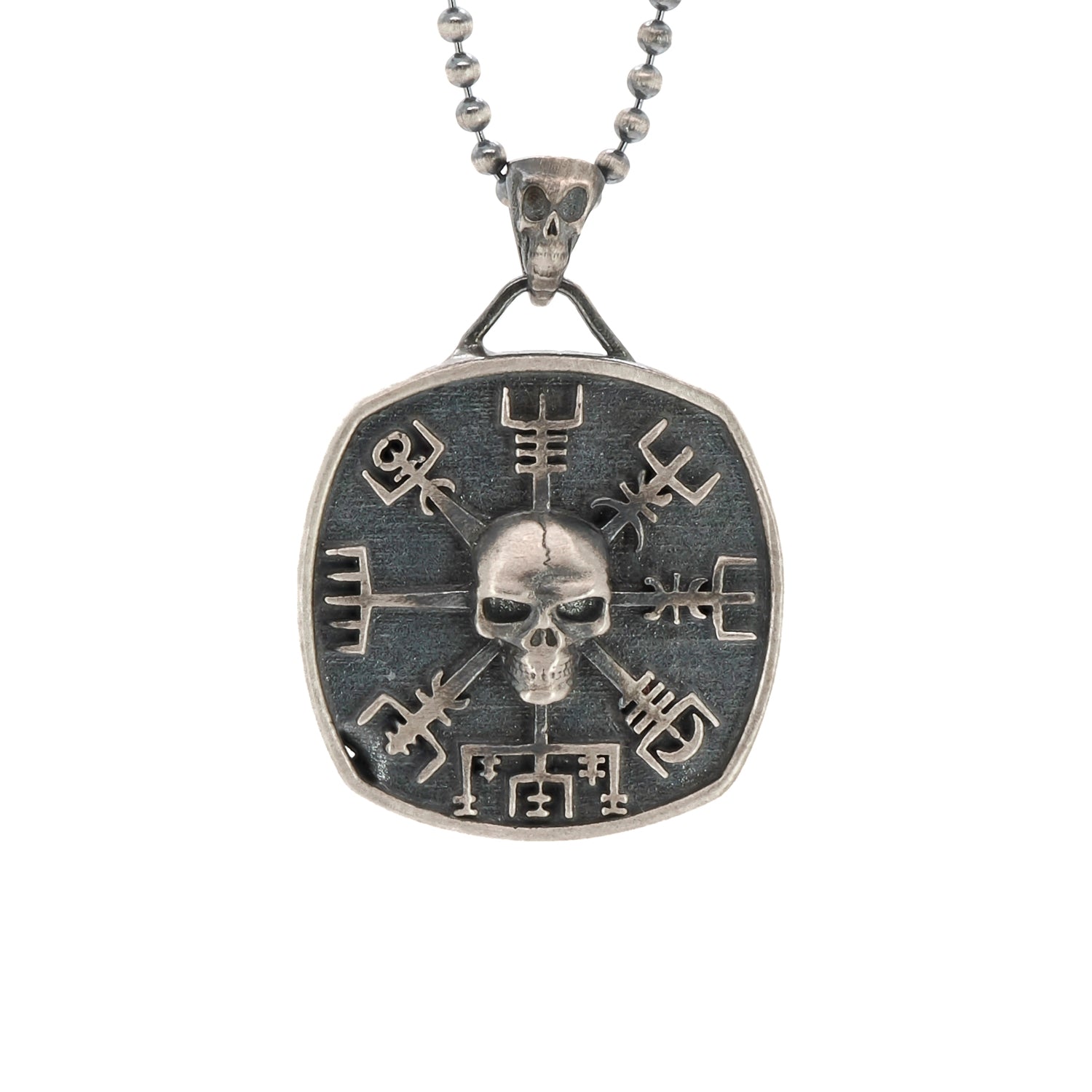 norse viking vegvisir skull pendant sterling silver necklace on 24 inch chain