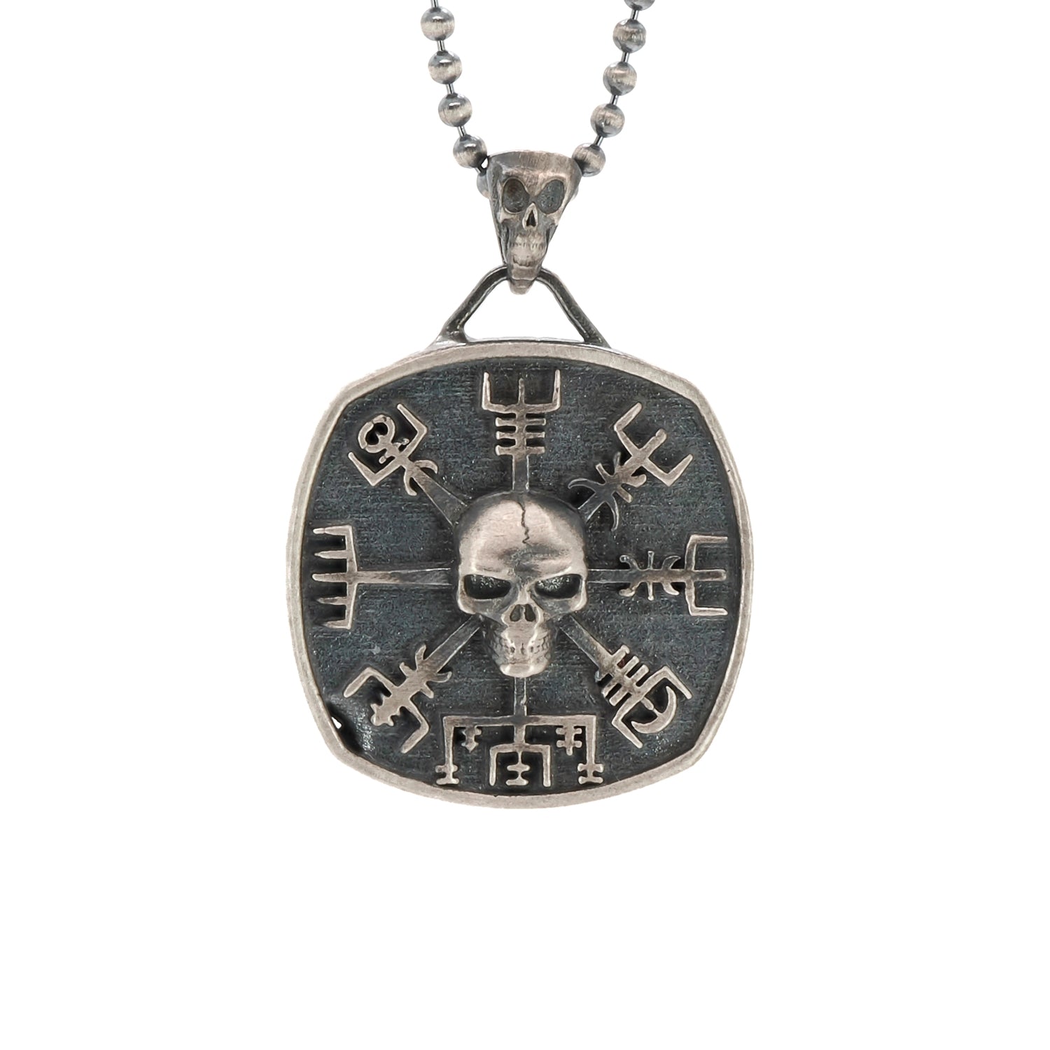 Norse Viking Vegvisir Protection Symbols &amp; Skull Pendant Sterling Silver Necklace