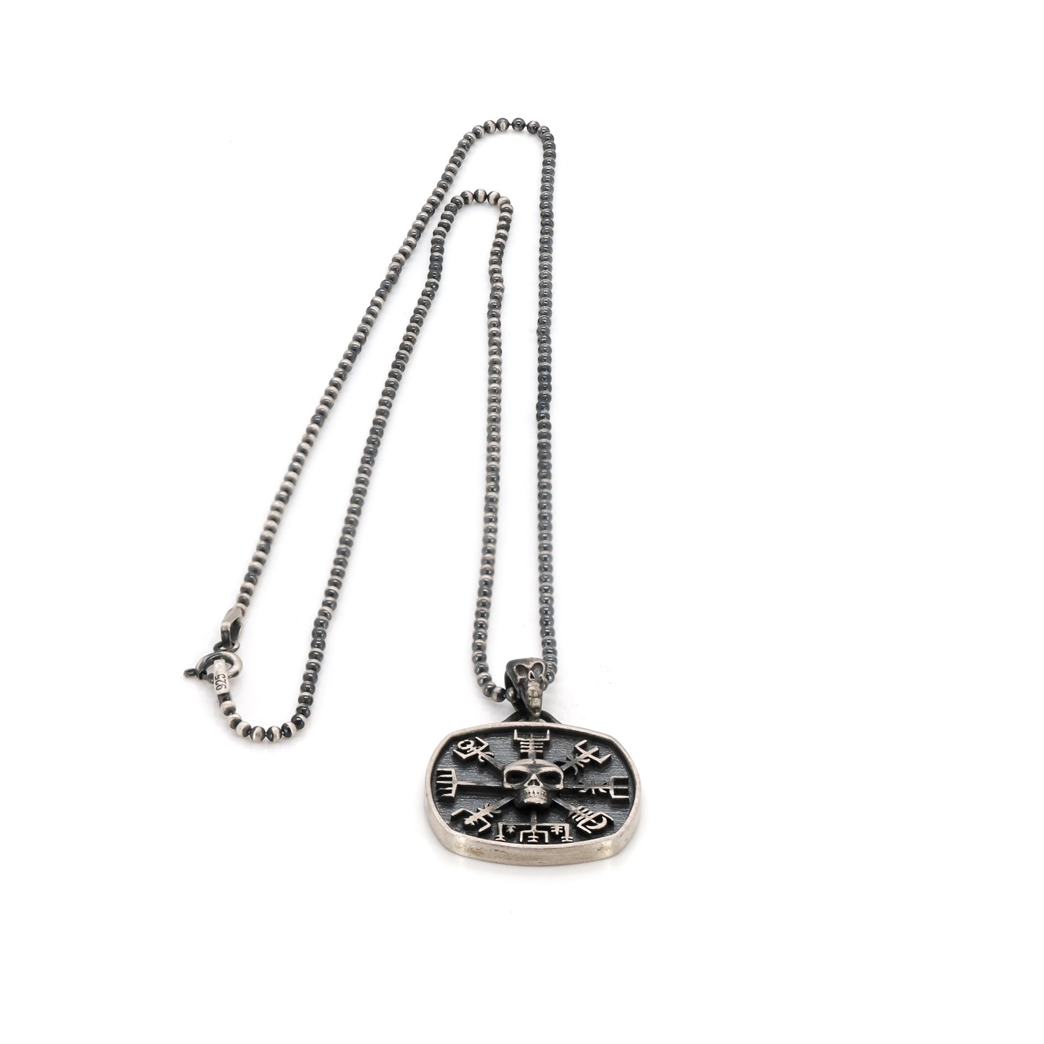 sterling silver viking skull necklace with detailed engraving