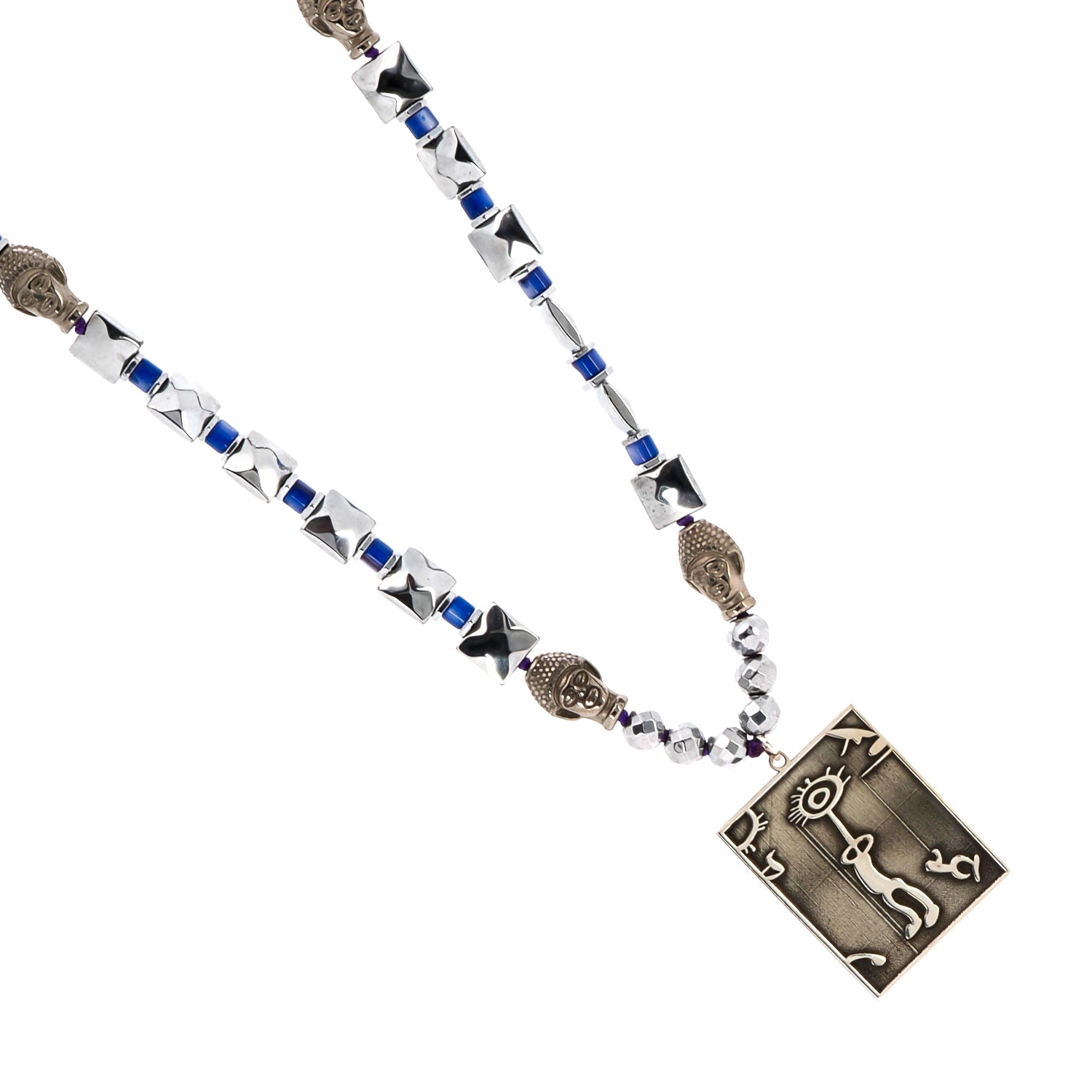 Hematite Buddha Bead Necklace with Shaman Symbol Pendant
