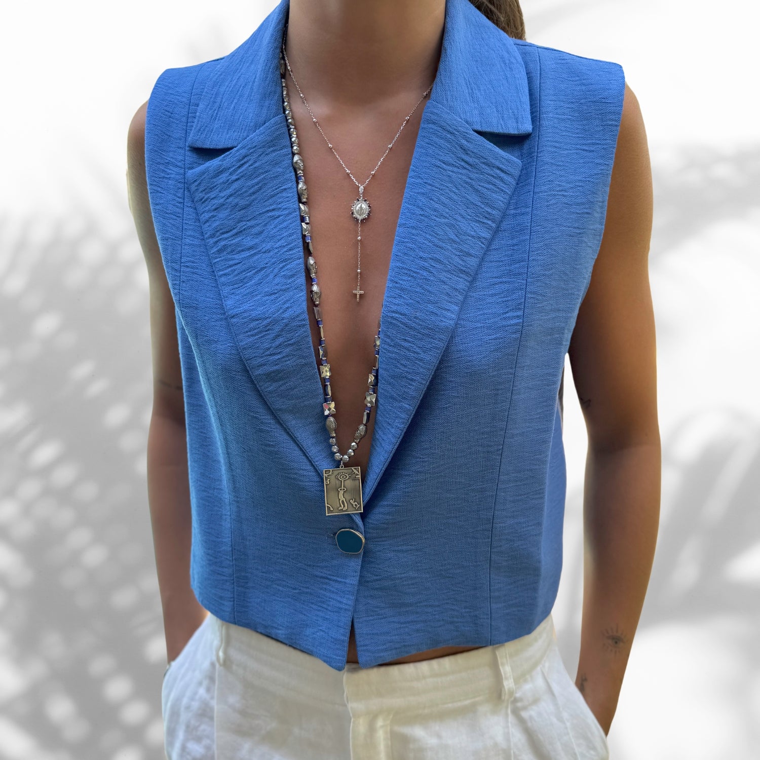 Model Wearing Spiritual Shaman Pendant Necklace with Hematite Buddha Beads