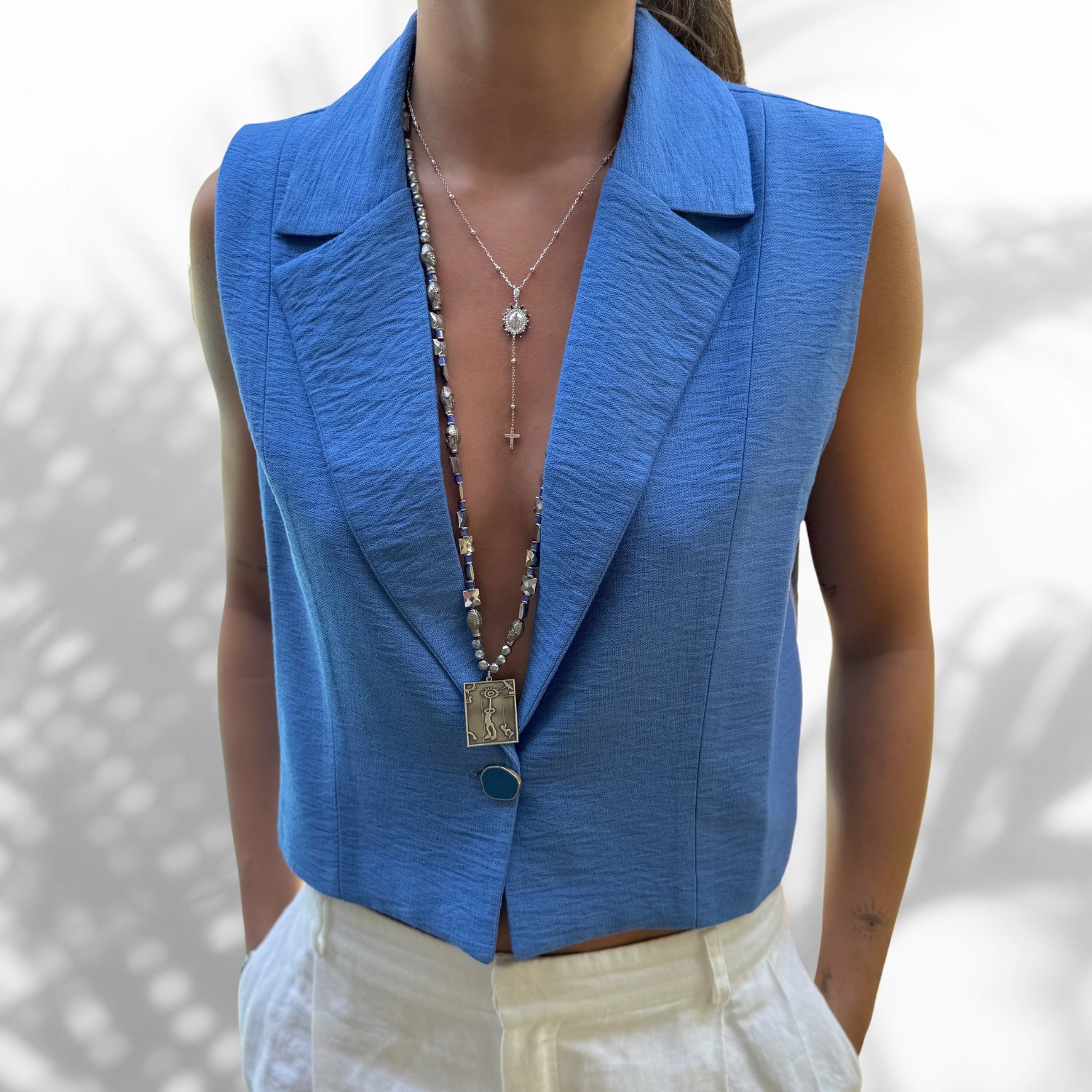 Model Wearing Sterling Silver Necklace with Hematite Stones and Buddha Beads