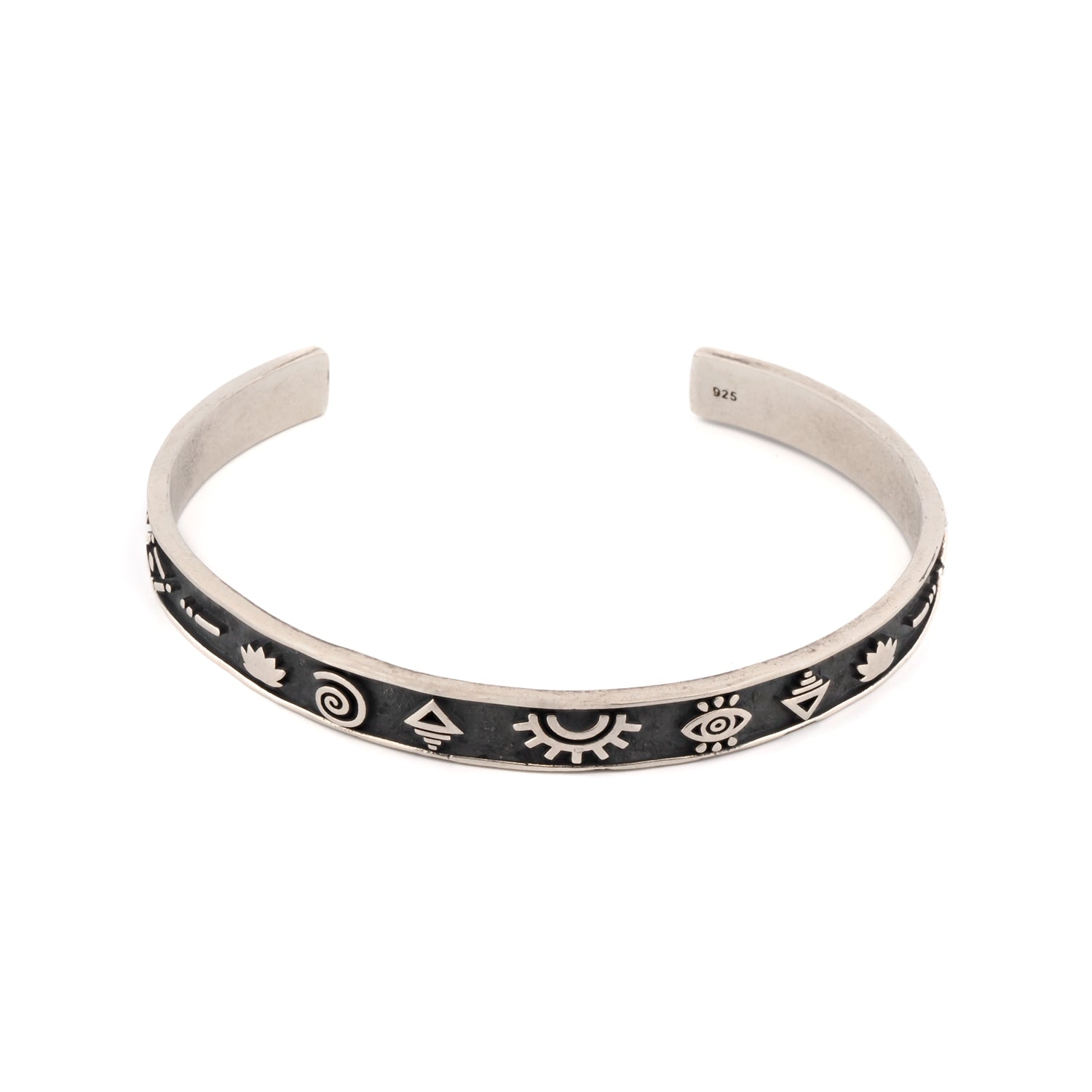 Sterling silver cuff bracelet with etched spiritual symbols
